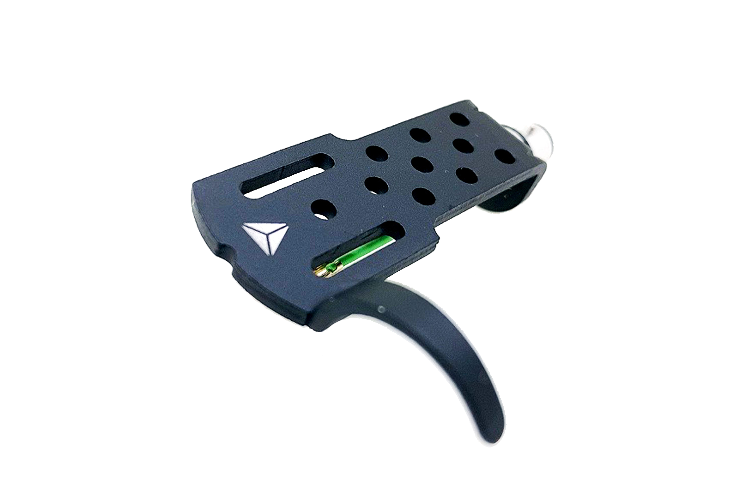 O Jico HEADSHELL BLACK CSS JHSB é um acessório de bicicleta em metal preto com uma alavanca, furos para redução de peso e um nível verde integrado, oferecendo precisão semelhante a um headshell padrão de 1/2 polegada, mostrado isolado em branco.