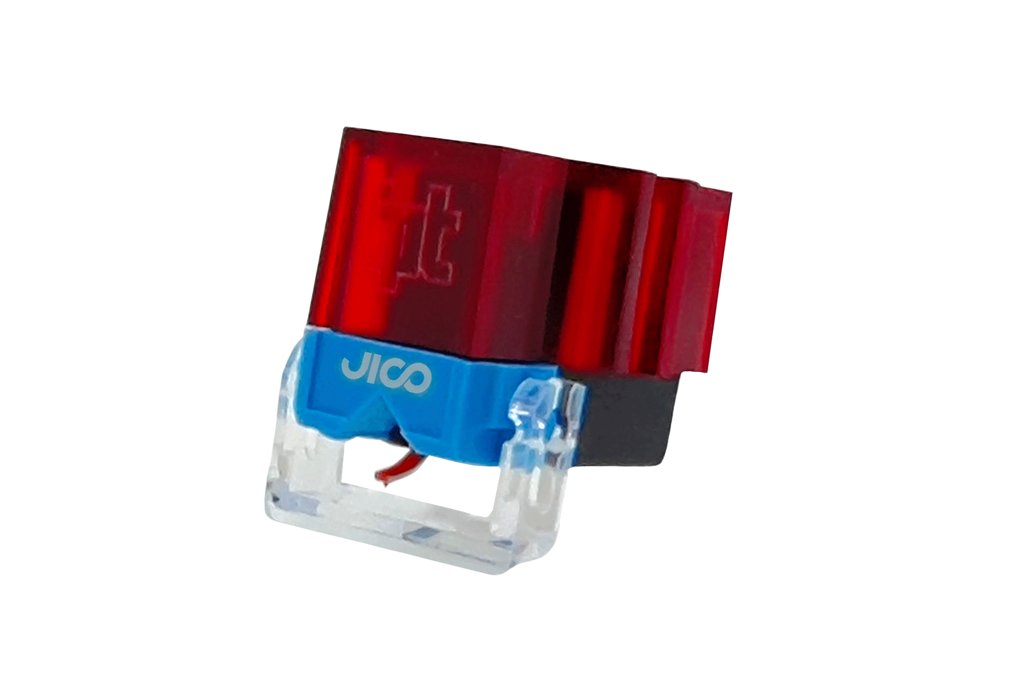 A Jico IMPACT SD • Cápsula + agulha em vermelho e azul para toca-discos, com frente de plástico transparente e ponta de agulha metálica — ideal para uso em DJ Club — exibida em um fundo branco.