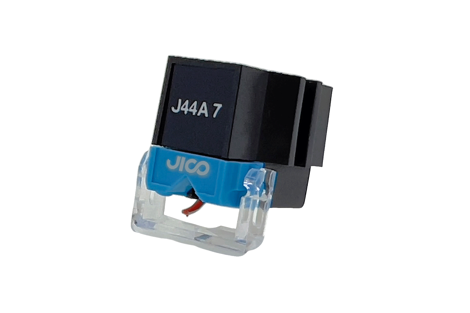 Uma cápsula fonográfica Jico J44A 7 DJ IMP SD (cápsula + agulha) com agulha cônica e agulha visível, mostrada em um fundo branco.