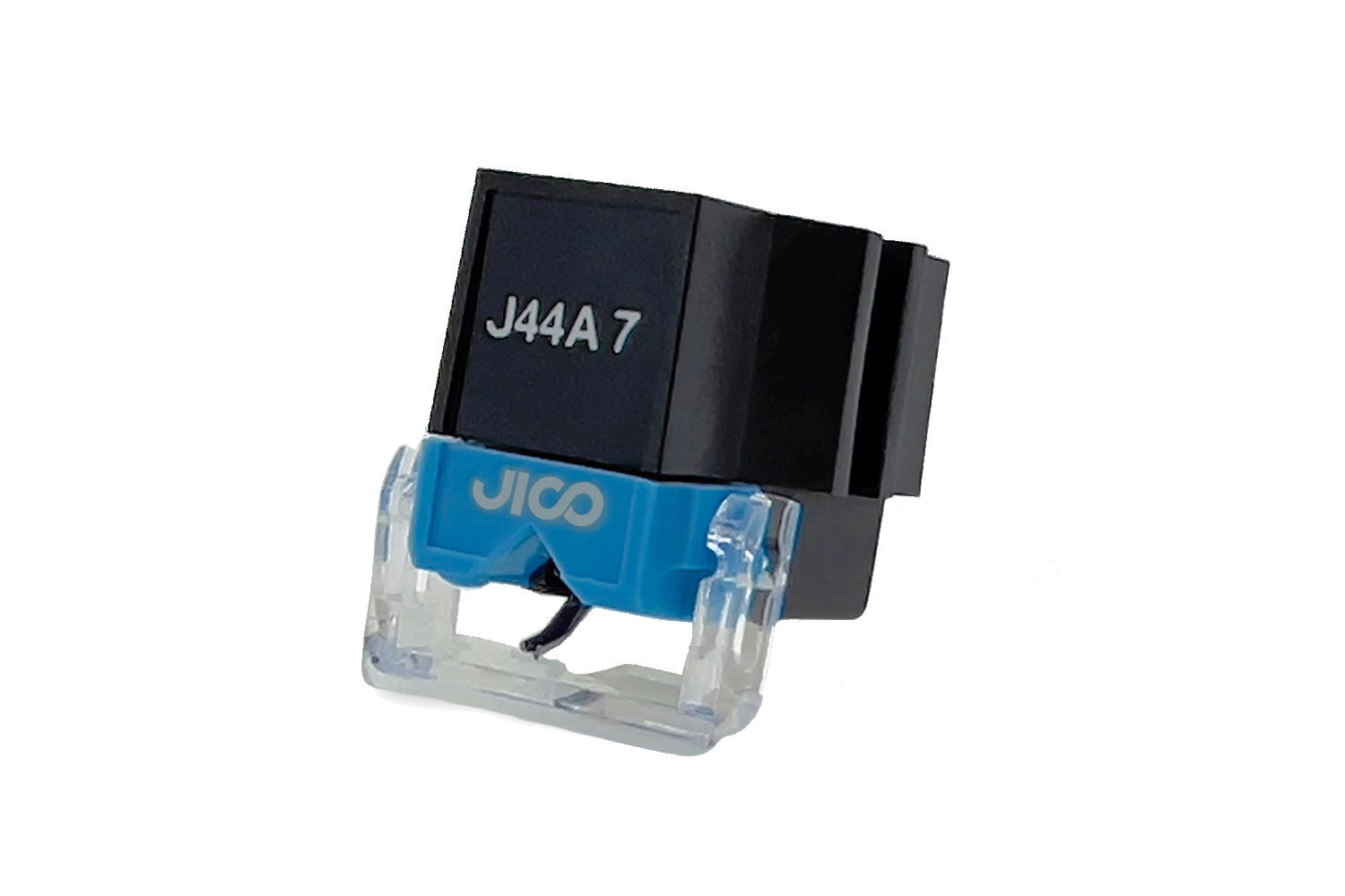 Um cartucho fonográfico Jico J44A 7 IMP SD com cápsula e agulha é mostrado contra um fundo branco, apresentando uma agulha cônica SD azul, proteção de plástico transparente e diamantes sintéticos.
