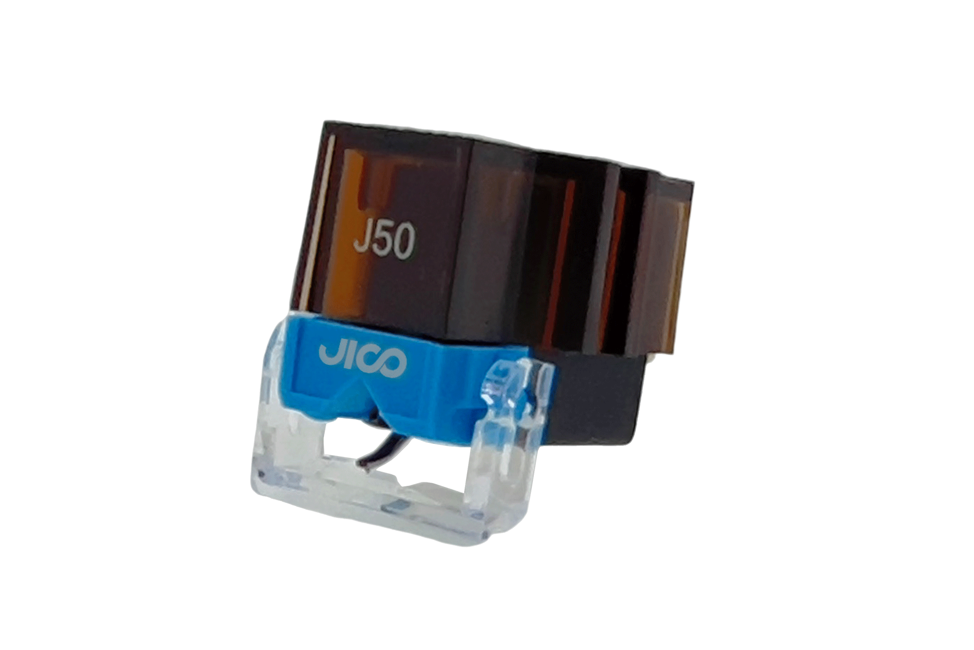 Um close-up da Cápsula Jico J50 IMP SD revela seu corpo preto e marrom com uma base azul e suporte de agulha transparente. Ela apresenta uma agulha de diamante sintética, ideal para toca-discos para realçar graves potentes ao tocar discos de vinil.