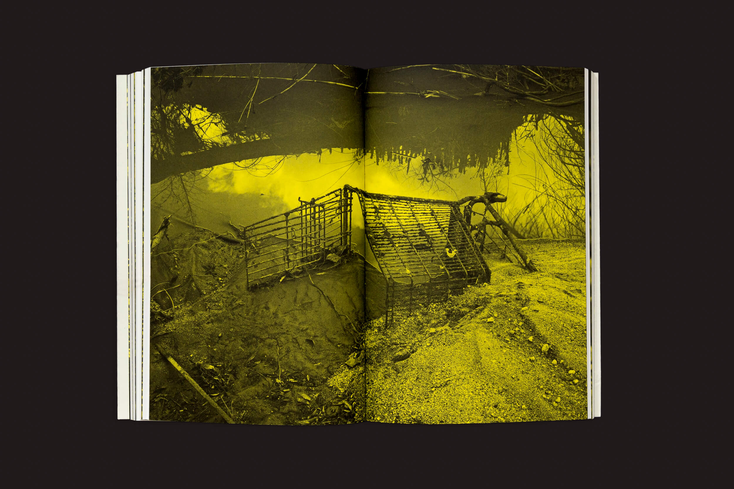 Em uma superfície escura, um livro aberto intitulado Thomas Locke Hobbs: L.A. Vedute, da The Eriskay Connection, revela uma foto amarelada de uma estrutura de malha de arame em meio a escombros e galhos de árvores, evocando uma atmosfera ao ar livre.