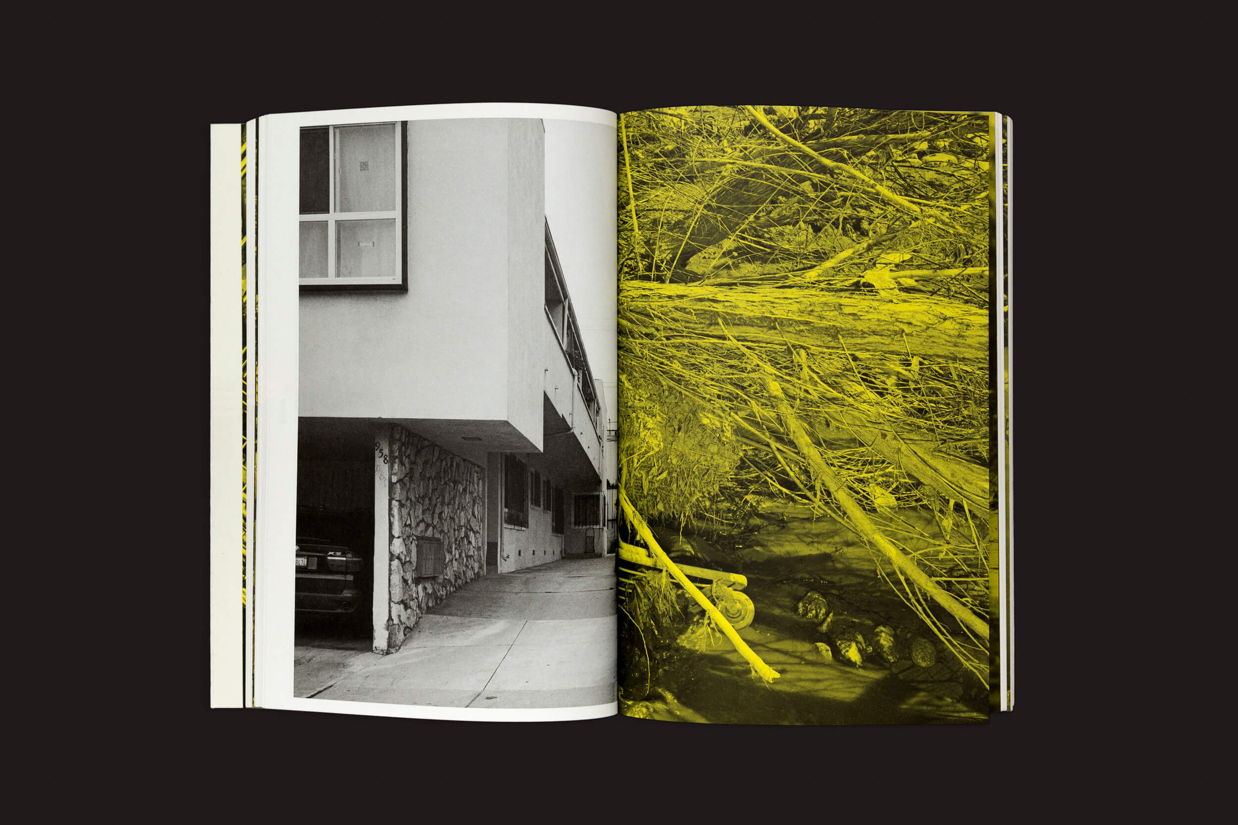 Um livro contra um fundo preto mostra a foto em preto e branco de Thomas Locke Hobbs de um prédio com um carro abaixo à esquerda, refletindo arquitetura doméstica, e um design abstrato amarelo de L.A. Vedute lembrando galhos ou raízes entrelaçados à direita. De The Eriskay Connection.