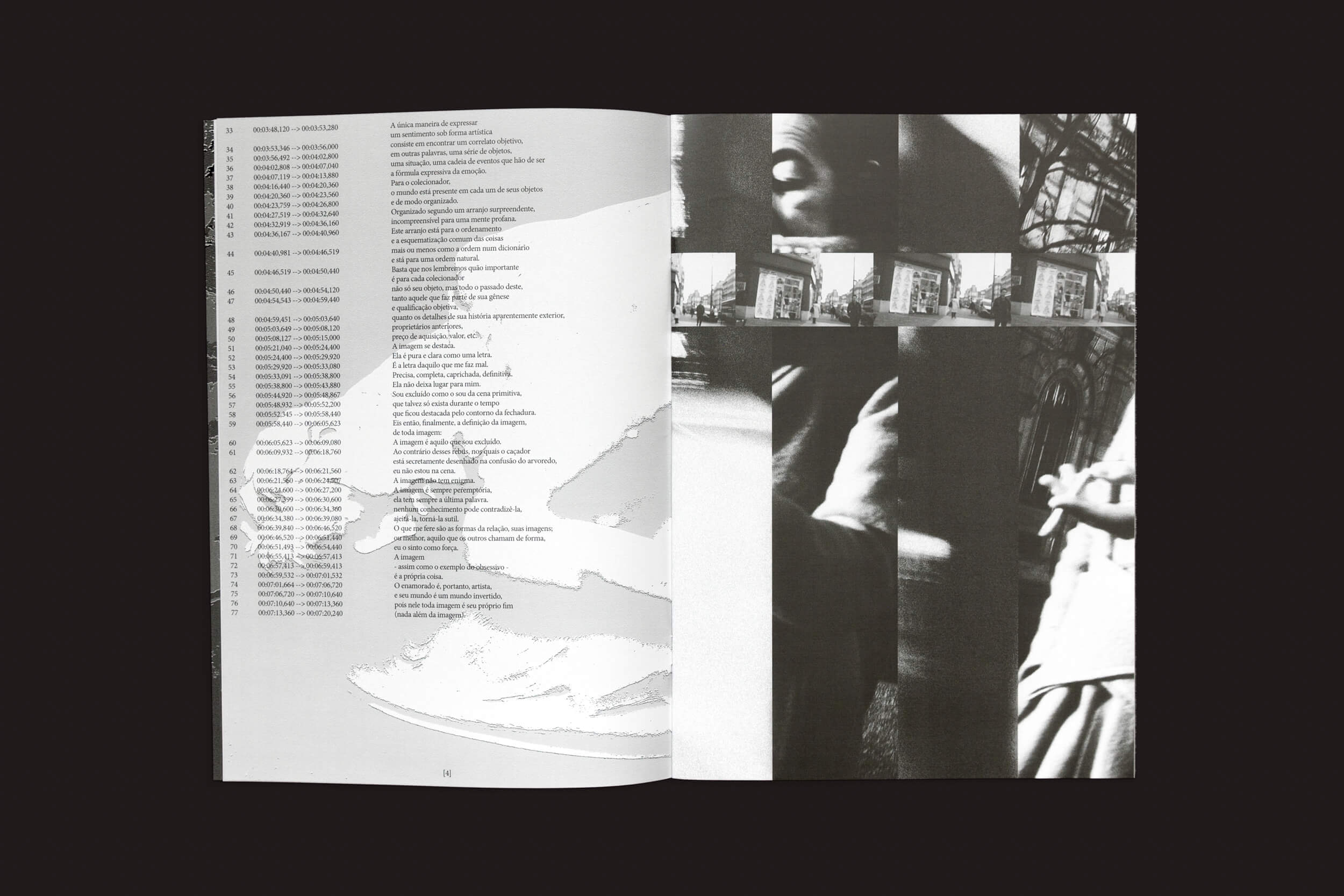 Um livro aberto chamado Romeu Silveira: The Surviving Images, da zero-Edições, mostra um texto à esquerda e uma colagem de fotos em preto e branco à direita, apresentando cenas urbanas e um close de uma mão que incorporam temas profundos.