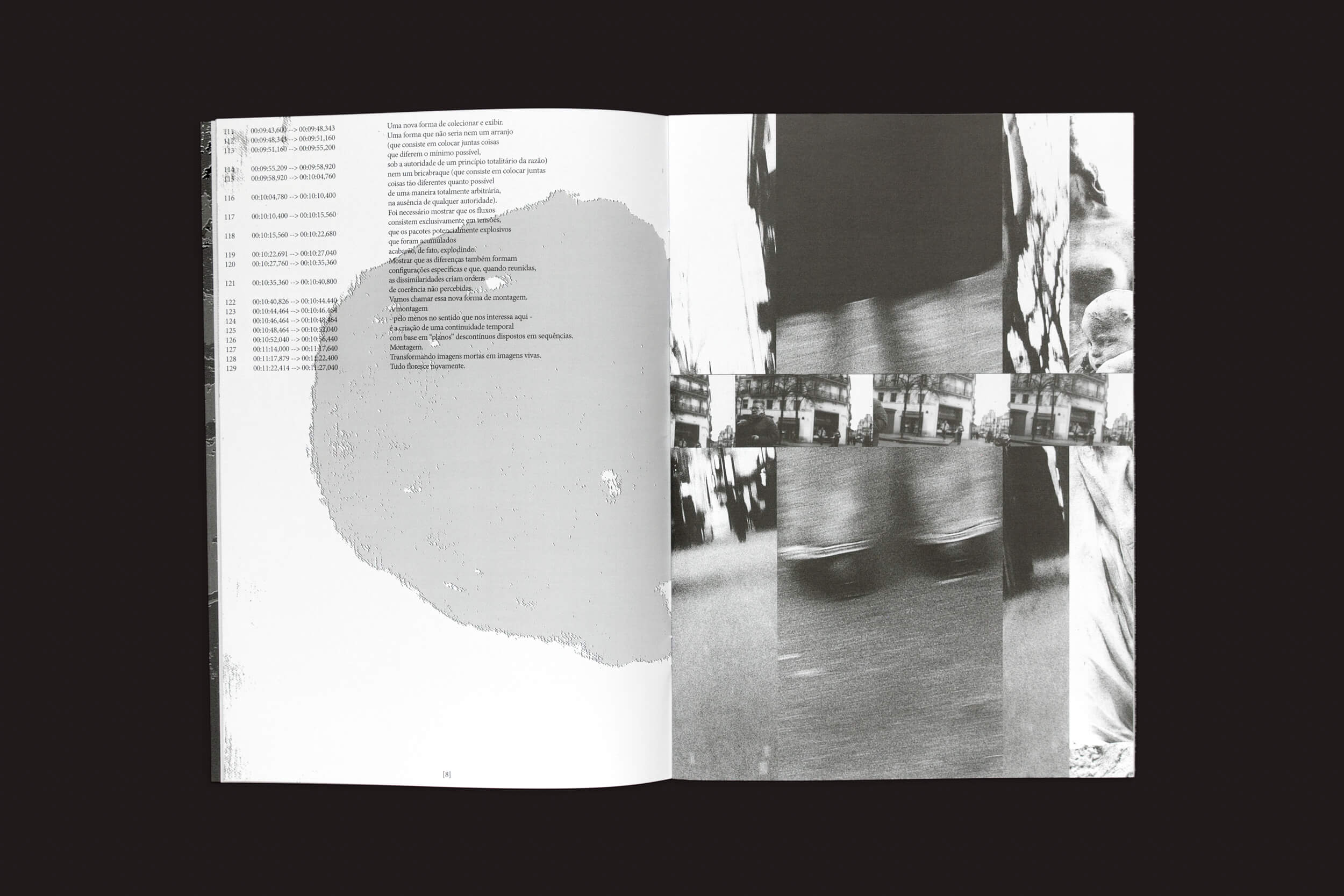 Um livro aberto da zero-Edições, Romeu Silveira: The Surviving Images, revela um design abstrato em tons de cinza. A página da esquerda tem colunas de texto com um grande círculo irregular, enquanto a da direita apresenta composições distorcidas ao lado de uma grade de fragmentos fotográficos menores.