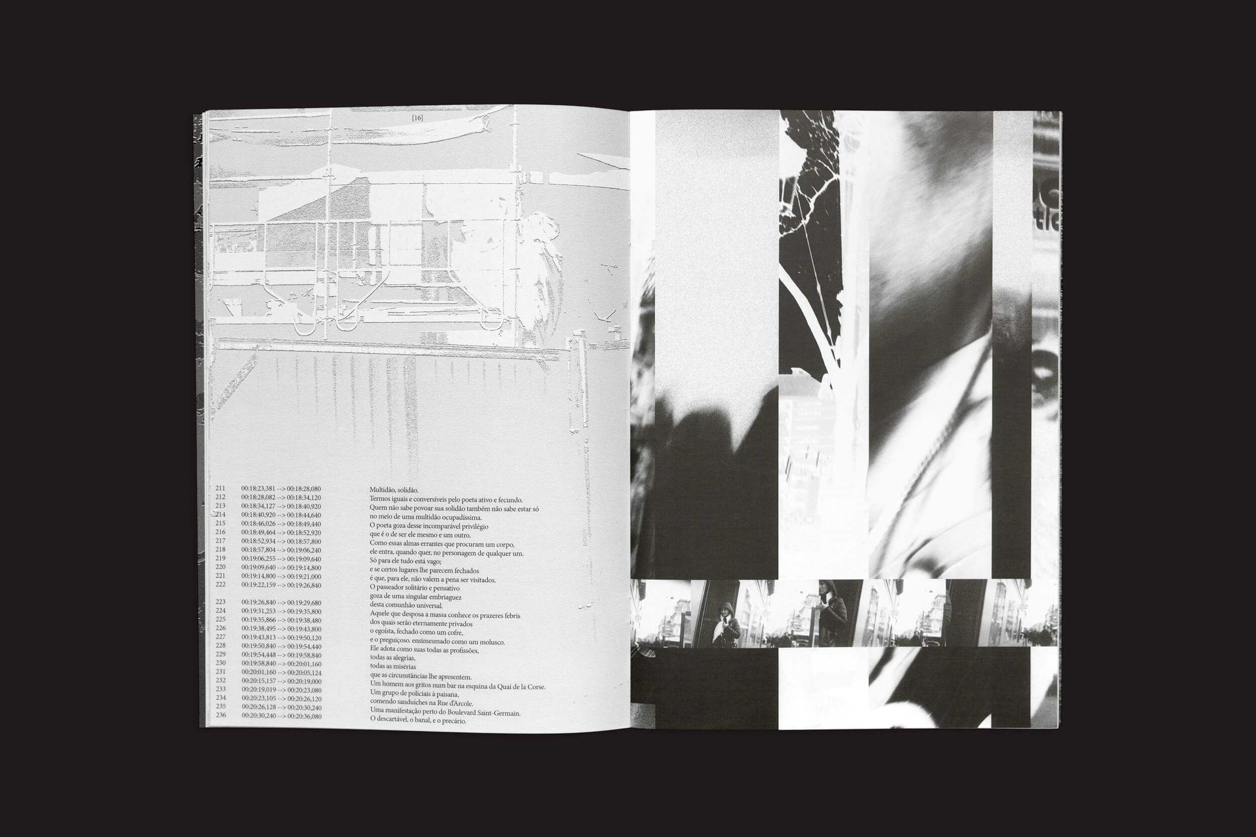 O livro Romeu Silveira: The Surviving Images da zero-Edições apresenta desenhos abstratos em preto e branco. Uma página lembra um horário, enquanto a outra exibe fotografias composicionais com elementos verticais e distorcidos em tons de cinza sobre um rosto desfocado.