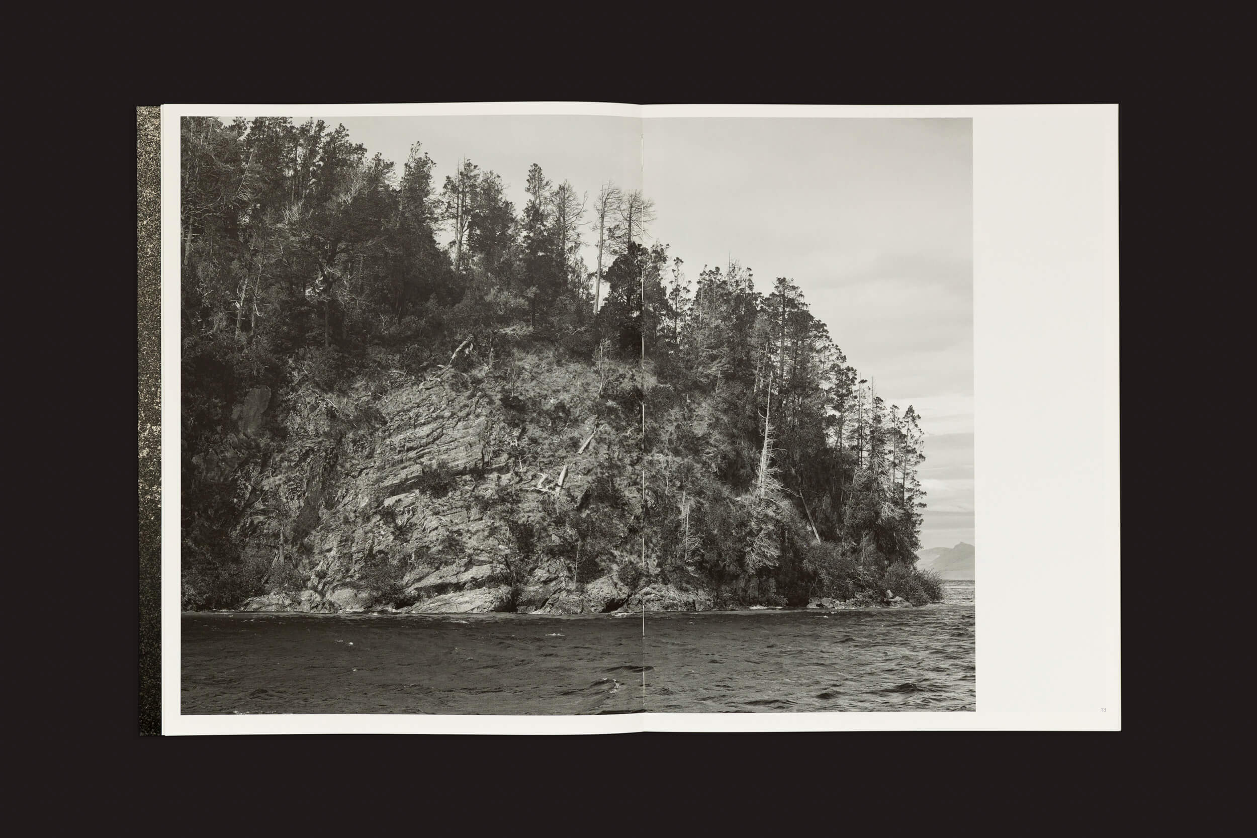 Um livro aberto do The Eriskay Connection, Pablo Cabado: Little Suns on Earth, revela uma foto em preto e branco do penhasco rochoso da Ilha Huemul e de árvores densas perto de um corpo dágua sob um céu nublado, exibindo a atmosfera serena típica da maestria narrativa de Cabado.