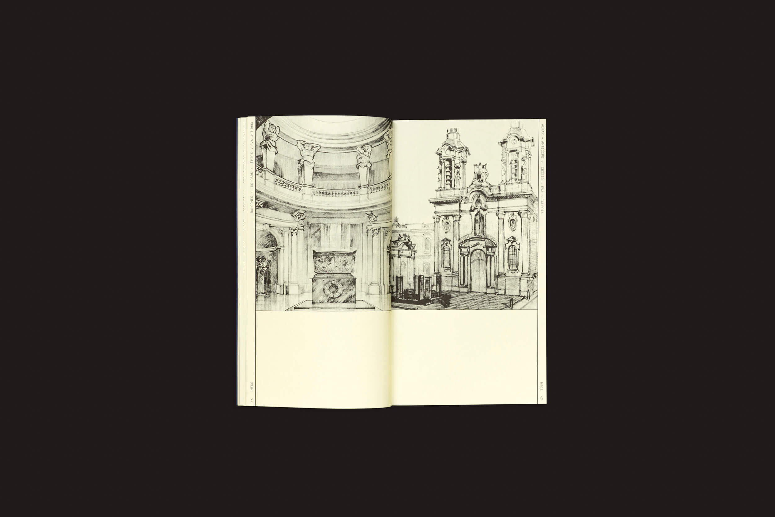 Um livro aberto de arquitetura da SED Editorial é colocado contra um fundo escuro, exibindo esboços intrincados em preto e branco de edifícios clássicos com colunas e arcos. A página da esquerda oferece uma vista interna, enquanto a da direita apresenta uma grandiosidade semelhante a Movimientos de un monumento de Rodrigo Claramonte.