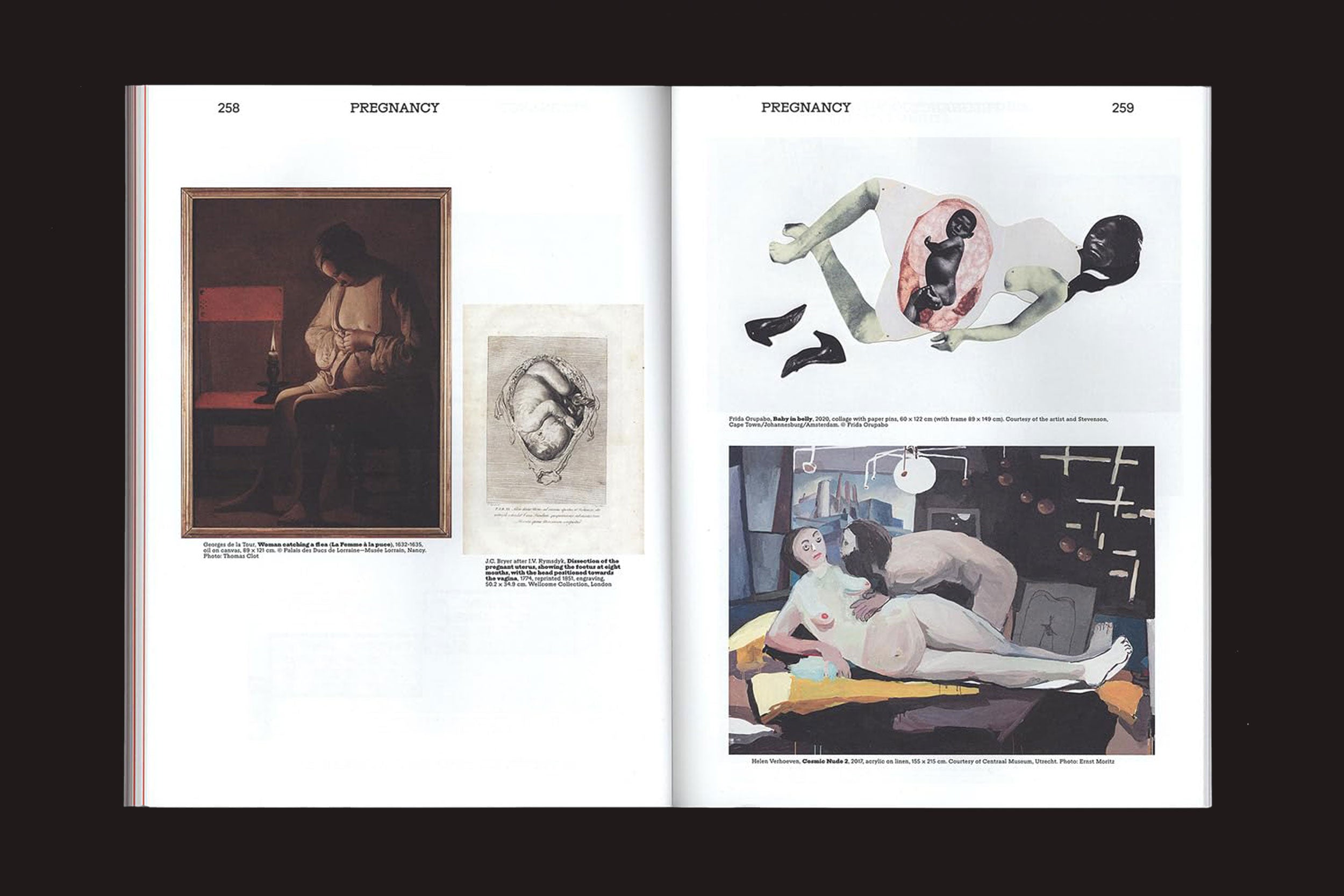 Mothering Myths - An ABC of Art, Birth and Care (Valiz) abre para quatro obras de arte sobre maternidade: um retrato de mulher grávida, um diagrama fetal, uma figura abstrata de grávida e uma pintura de parto clínico.