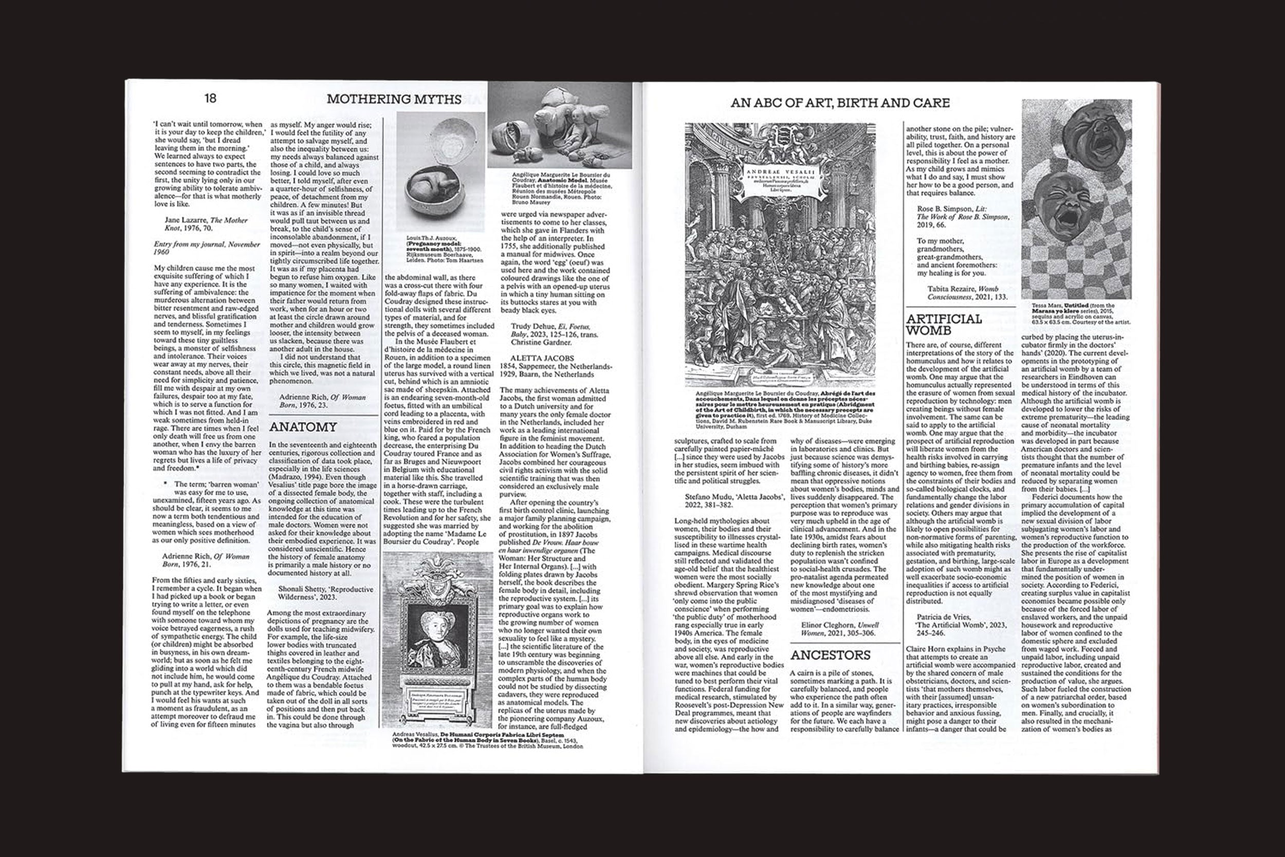 Uma página de revista de duas páginas para "Mothering Myths - An ABC of Art, Birth and Care" de Laurie Cluitmans & Heske ten Cate (Valiz), com texto em várias colunas e ilustrações em preto e branco - retratos, artefatos e uma cena histórica de maternidade em branco.