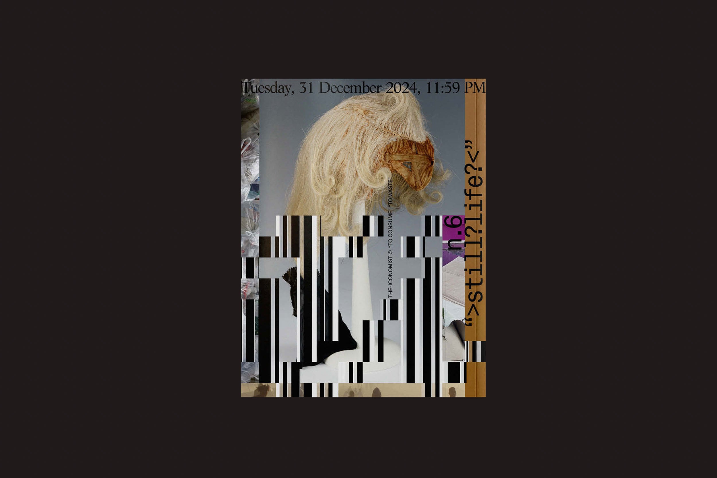 Uma colagem digital do The Iconomist Nº 6 da zero-Edições mistura a peruca branca de um juiz com padrões de glitch, formas abstratas e textos "Tuesday, 31 December 2024, 11:59 PM" e ">still.life?<", refletindo espaços negligenciados em uma sociedade conturbada.