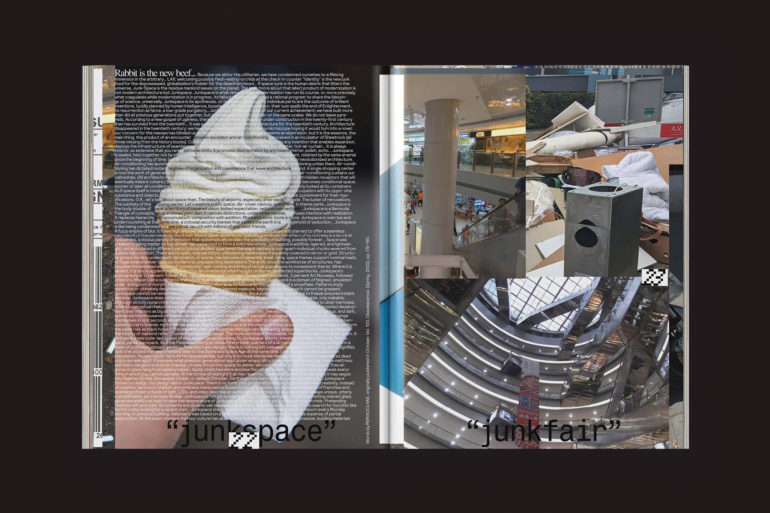 Uma página da revista The Iconomist Nº 6, da zero-Edições: página esquerda - uma mão segura um cone de refrigerante rotulado como "junkspace", o texto menciona progresso infinito; página direita - shopping center e objetos desordenados rotulados como "junk fair".