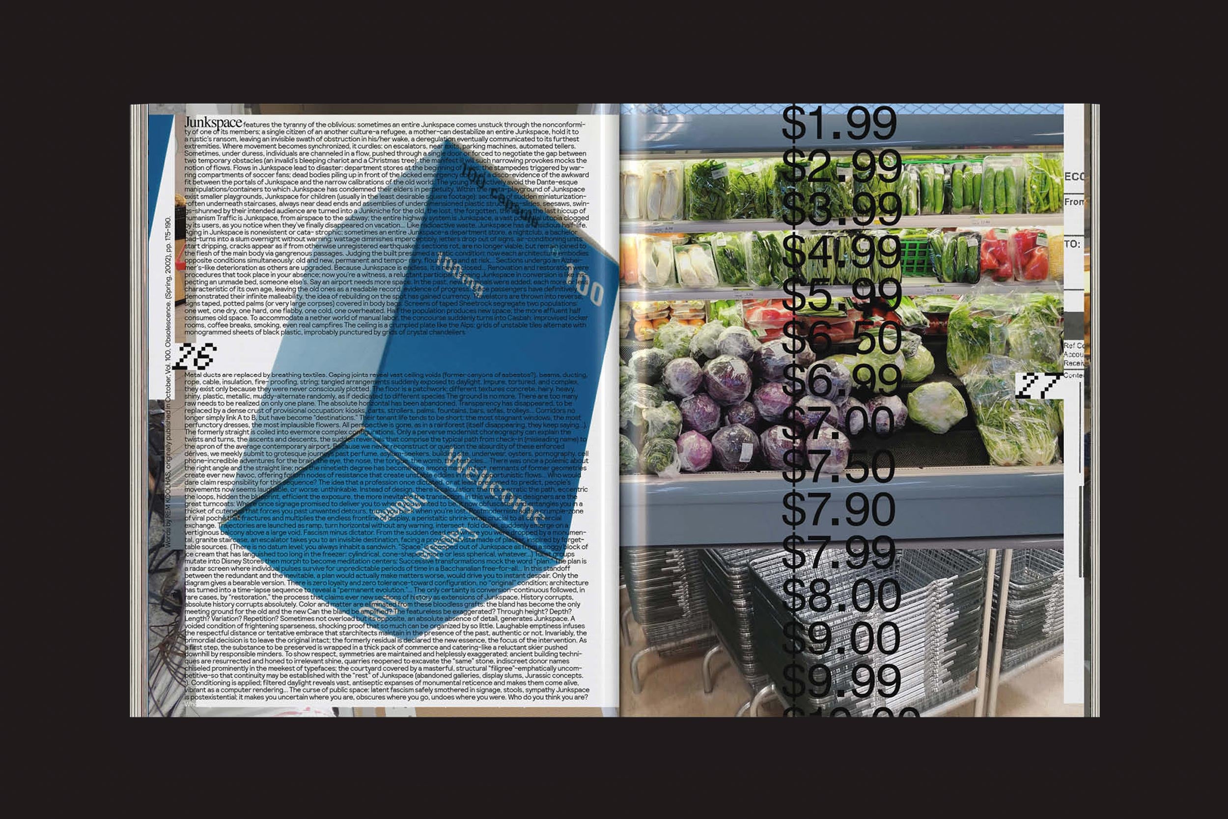 Uma página da revista "The Iconomist Nº 6", da Zero-Edições, mostra um texto sobreposto, um diagrama de cubo 3D azul e uma imagem de produtos frescos com preços em negrito em preto - US$ 1,99 e US$ 7,90 - destacando o progresso infinito em meio aos resíduos do capitalismo tardio.