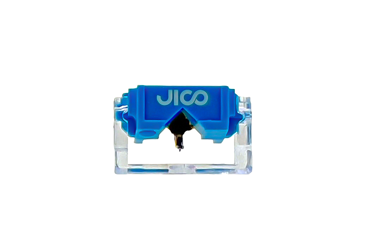 Vista frontal do cartucho Jico N44-7 IMP SD • Agulha Moving Magnet azul com base transparente e agulha de diamante sintético no centro.