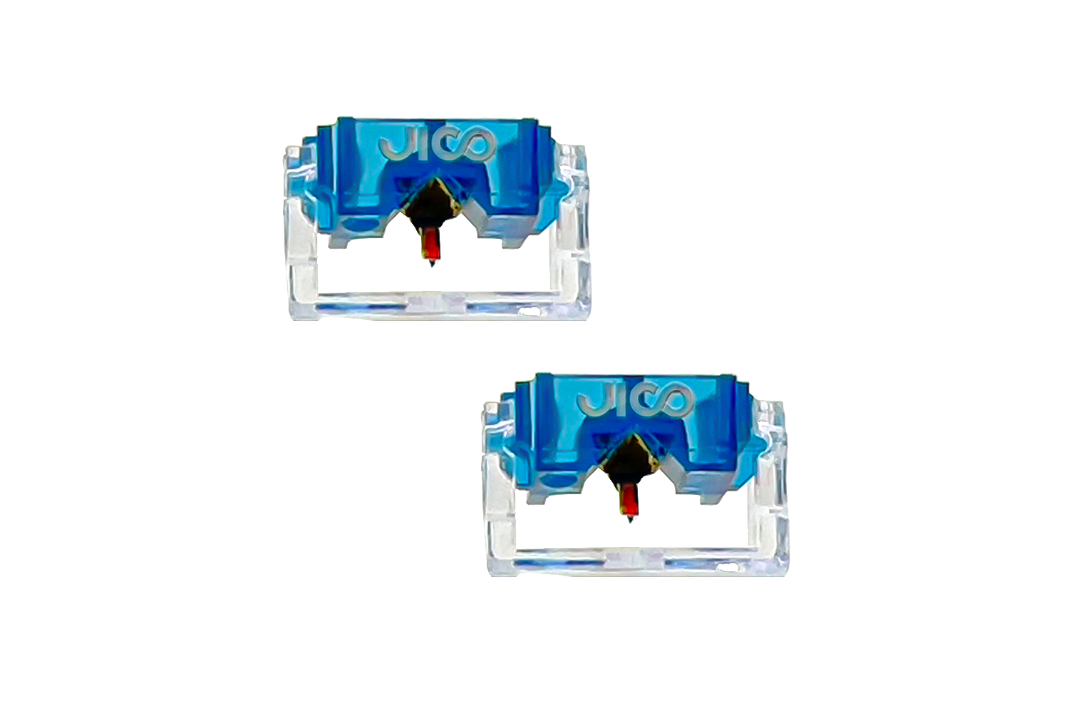 Dois cartuchos de agulha idênticos para toca-discos Jico N44G DJ IMP SD (Kit de 2 agulhas) são exibidos lado a lado, cada um com uma ponta de agulha preta e vermelha e uma agulha de diamante sintético para melhor desempenho de DJ.