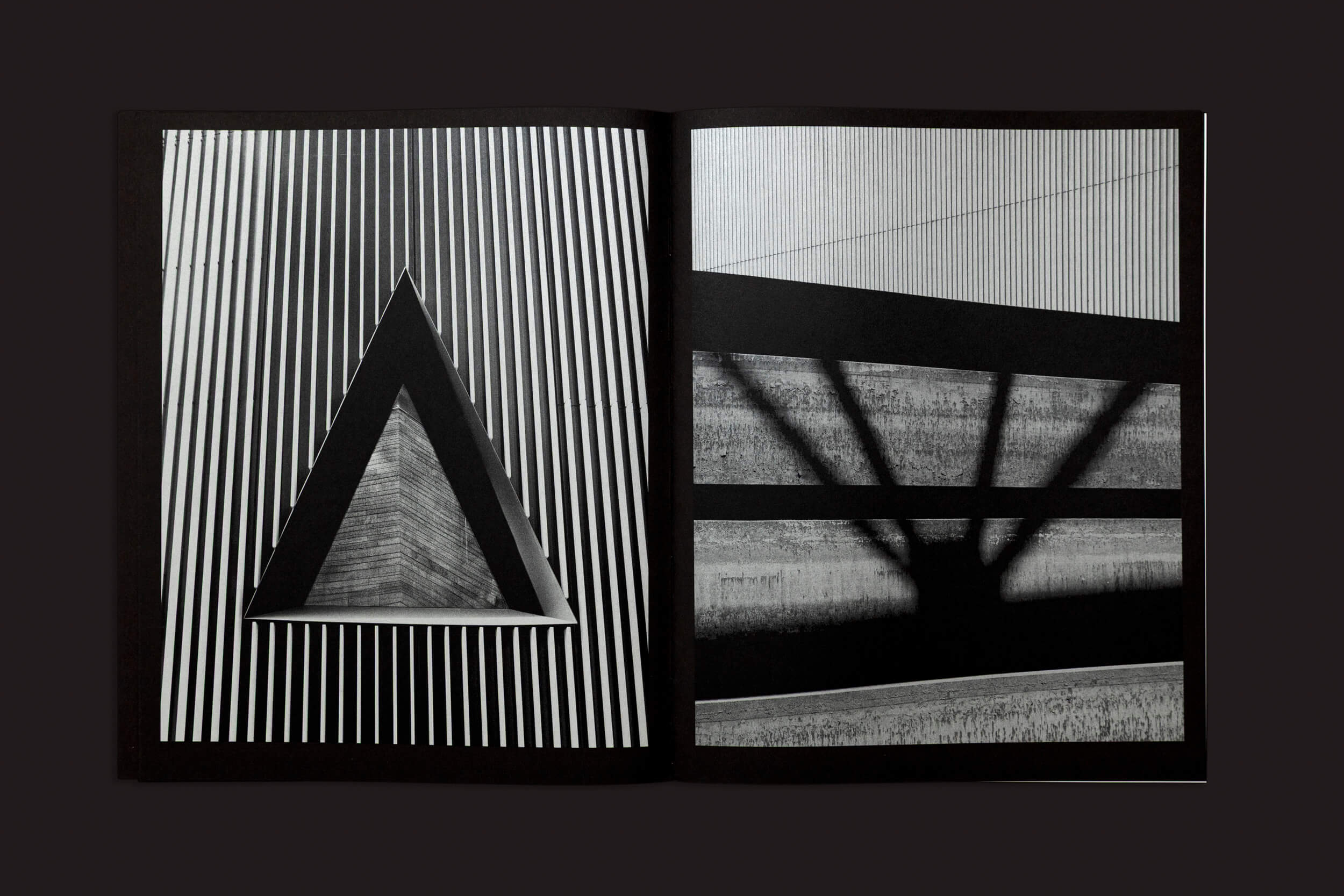 Ezio D'Agostino: NEOS", de Skinnerboox, é uma obra de arte abstrata em preto e branco com padrões geométricos: um recorte triangular à esquerda com linhas listradas e três imagens à direita exibindo linhas diagonais, jogo de sombras e elementos inspirados na mineração de asteroides.