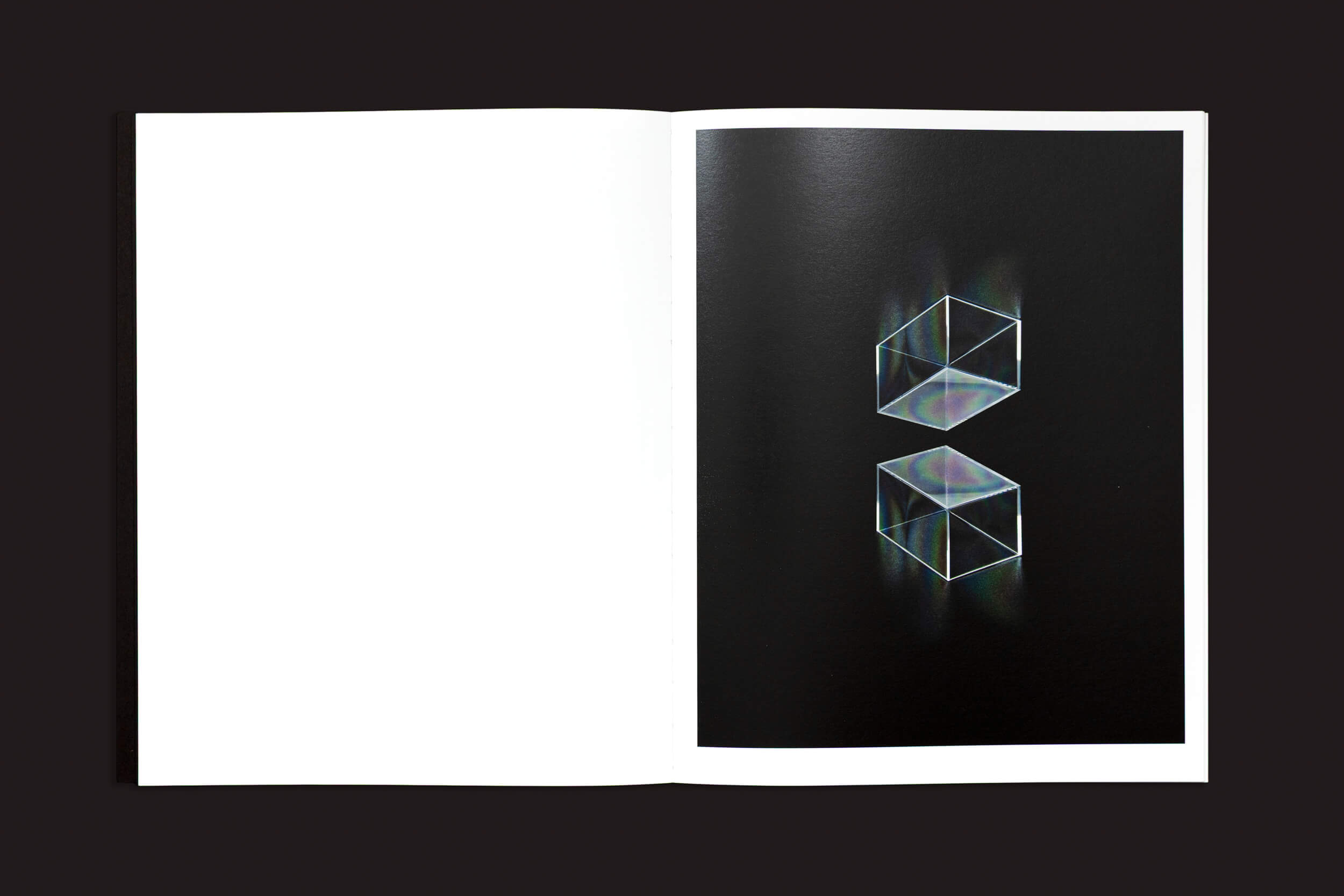 O livro aberto "Ezio D'Agostino: NEOS" de Skinnerboox exibe uma página esquerda branca e uma página direita com fundo preto, apresentando dois cubos holográficos transparentes empilhados verticalmente, refletindo um efeito prismático, evocando conceitos futuristas como mineração de asteroides e SpaceResources.