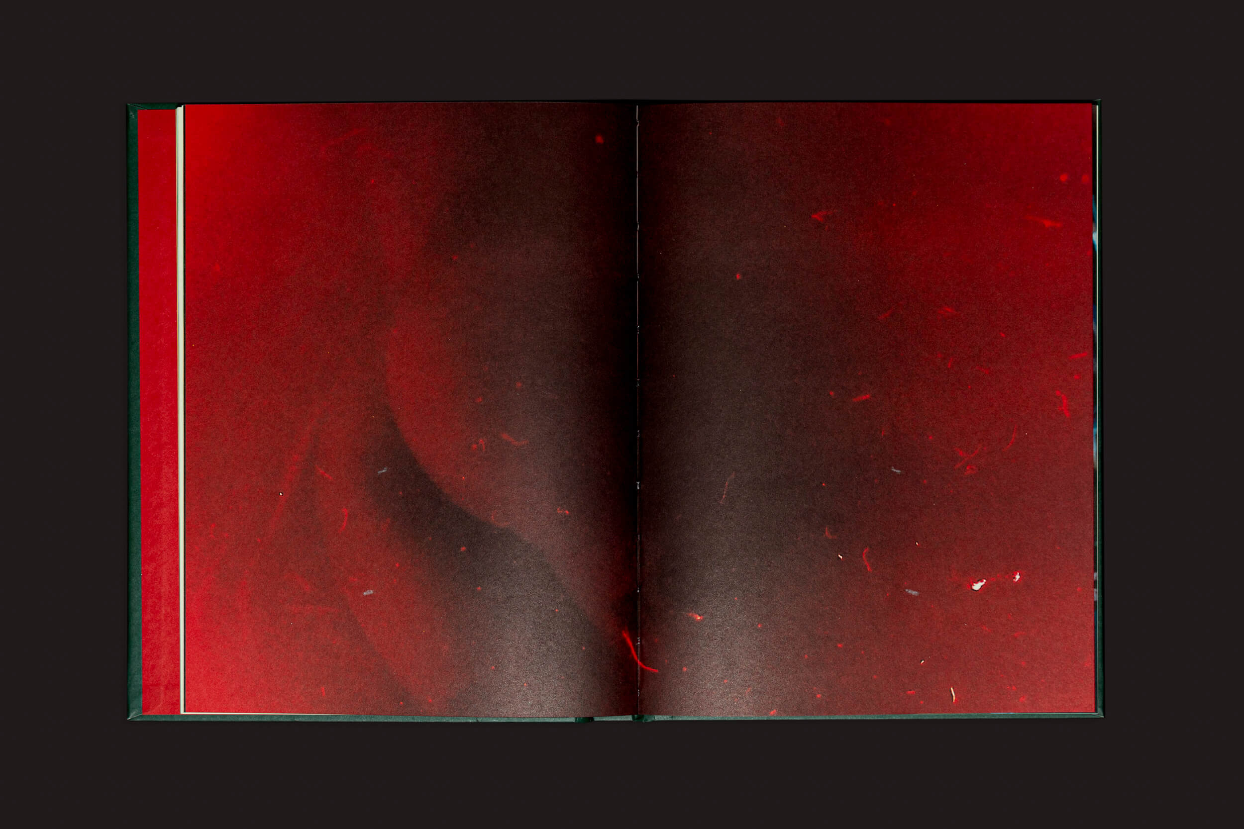 Um fotolivro aberto intitulado O choro pode durar uma noite, mas a alegria vem pela manhã, de Erick Peres, apresenta uma propagação com gradiente de vermelho profundo a marrom escuro, apresentando manchas e manchas sutis. As páginas, evocando memória familiar, são margeadas por capa escura de Selo Turvo.