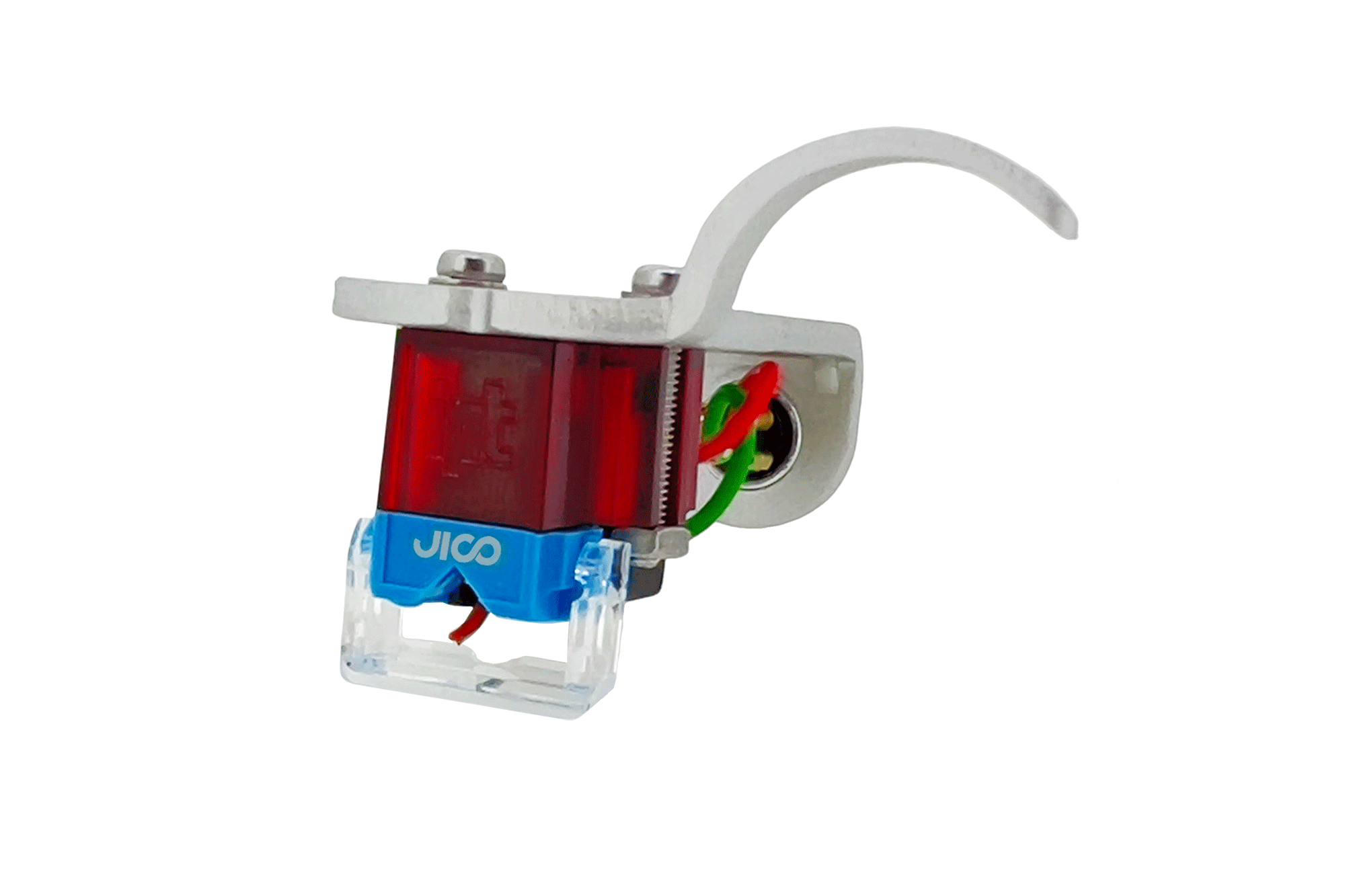 A imagem exibe um Jico OMNIA IMPACT SD SILVER, com componentes vermelhos e azuis no cartucho conectado a um braço branco. Fios multicoloridos conectam a cápsula Impact DJ e a agulha N44-7 DJ IMP SD, com a configuração concluída pelo Headshell Silver CSS-JHSB.