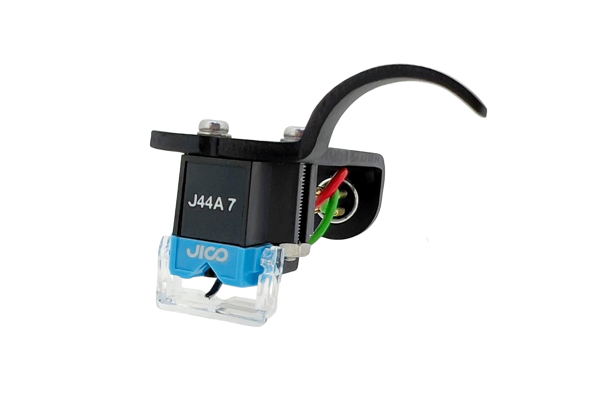 Um close-up do Jico OMNIA J44A 7 DJ IMP SD BLACK — headshell, cápsula e agulha — mostra um protetor de agulha azul e um suporte de montagem preto, compatível com Shure M44-7 e HEADSHELL BLACK CSS-JHSB.