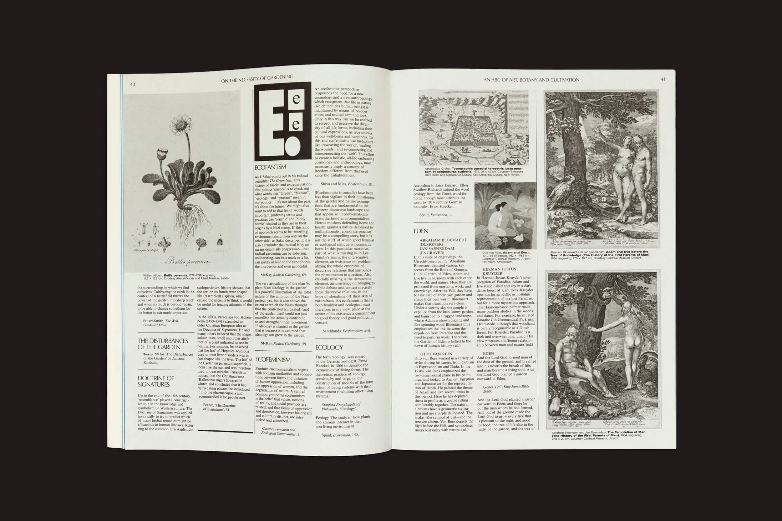 O livro "Sobre a necessidade de jardinagem - Um ABC de arte, botânica e cultivo", de Laurie Cluitmans, de Valiz, apresenta uma página esquerda com texto e ilustrações verticais de plantas que lembram um jardim, enquanto a página direita emoldura elegantemente o texto com imagens de estilo histórico de cenas de sociedade e natureza.