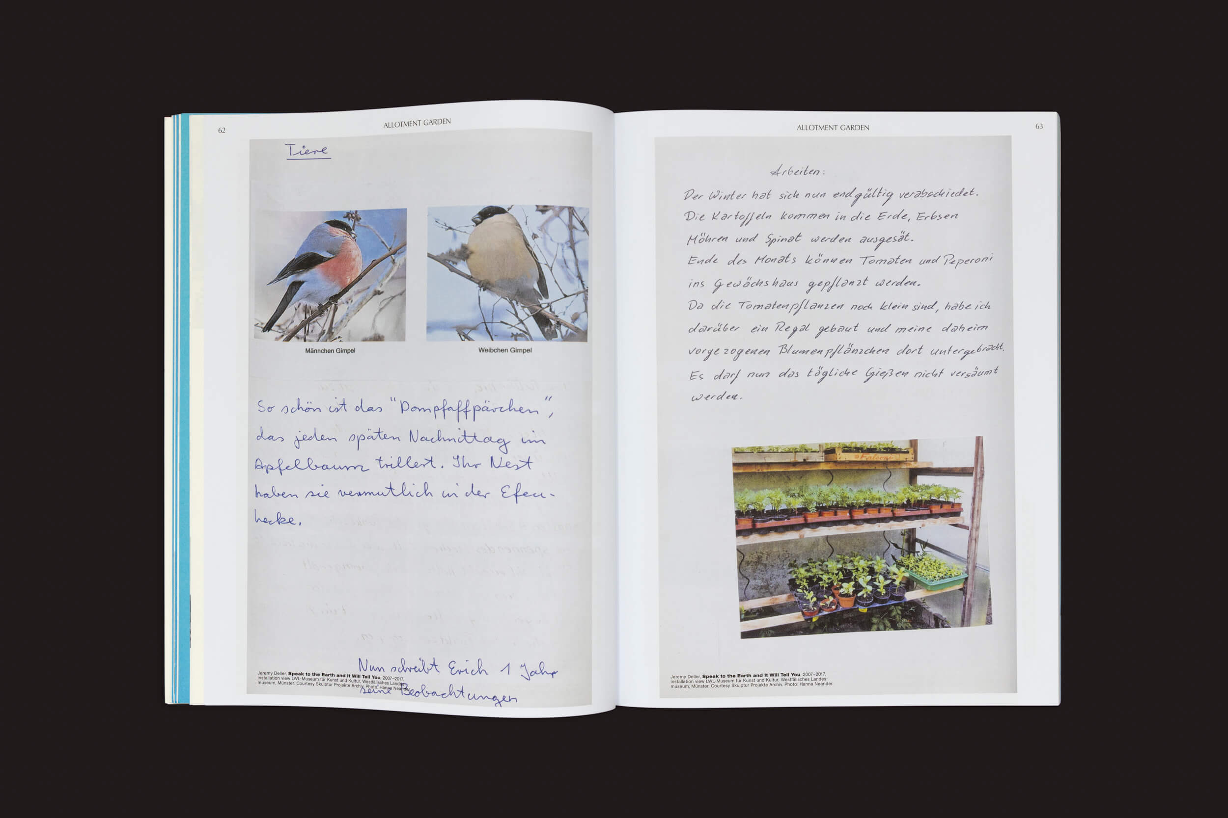 O livro aberto "Sobre a necessidade de jardinagem", de Laurie Cluitmans, de Valiz, revela duas páginas: a da esquerda mostra imagens de pássaros com notas manuscritas em alemão, enquanto a da direita exibe uma foto de planta em uma prateleira com outra nota em alemão, capturando a essência da natureza e sua ligação com a sociedade.