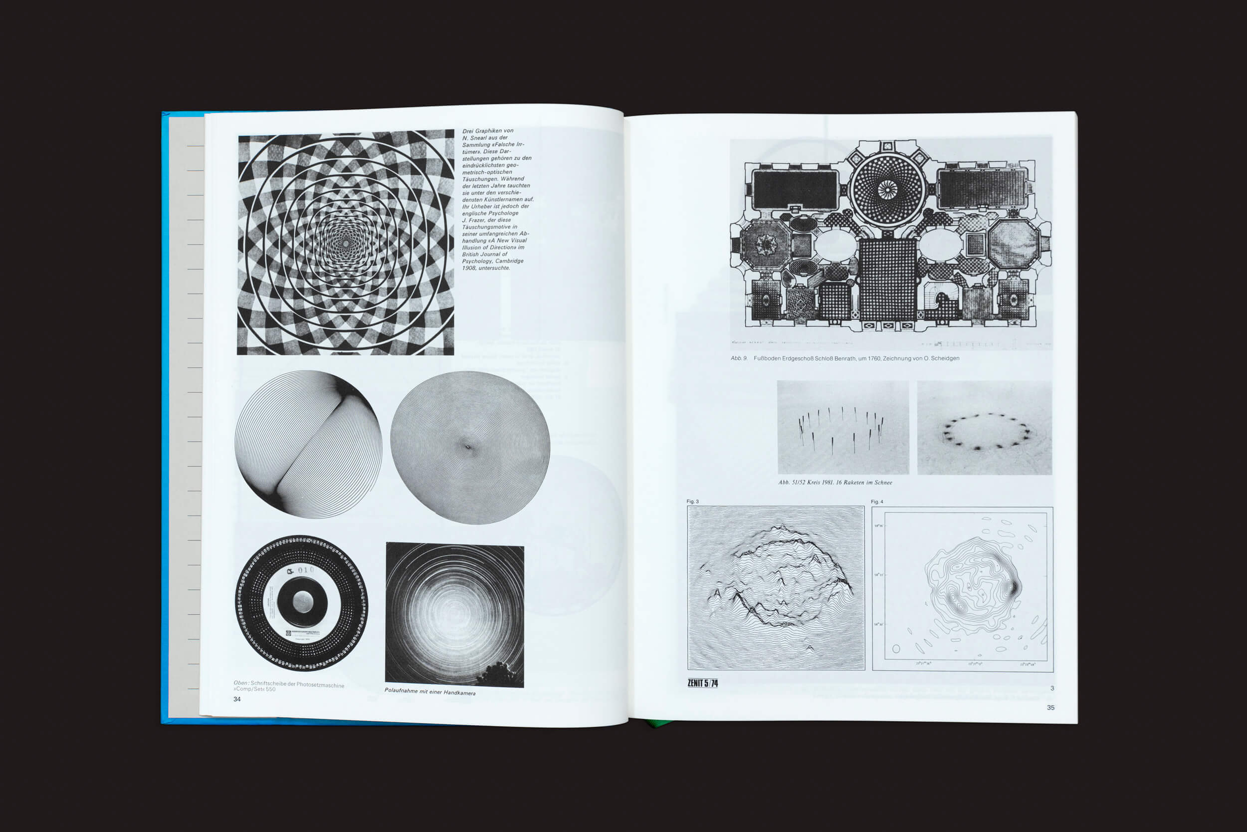 The Parallel Encyclopedia 1 de Batia Suter, da Roma Publications, apresenta desenhos geométricos em preto e branco. A página da esquerda destaca iconificação com padrões concêntricos e espirais, enquanto a da direita exibe arranjos e diagramas simétricos.