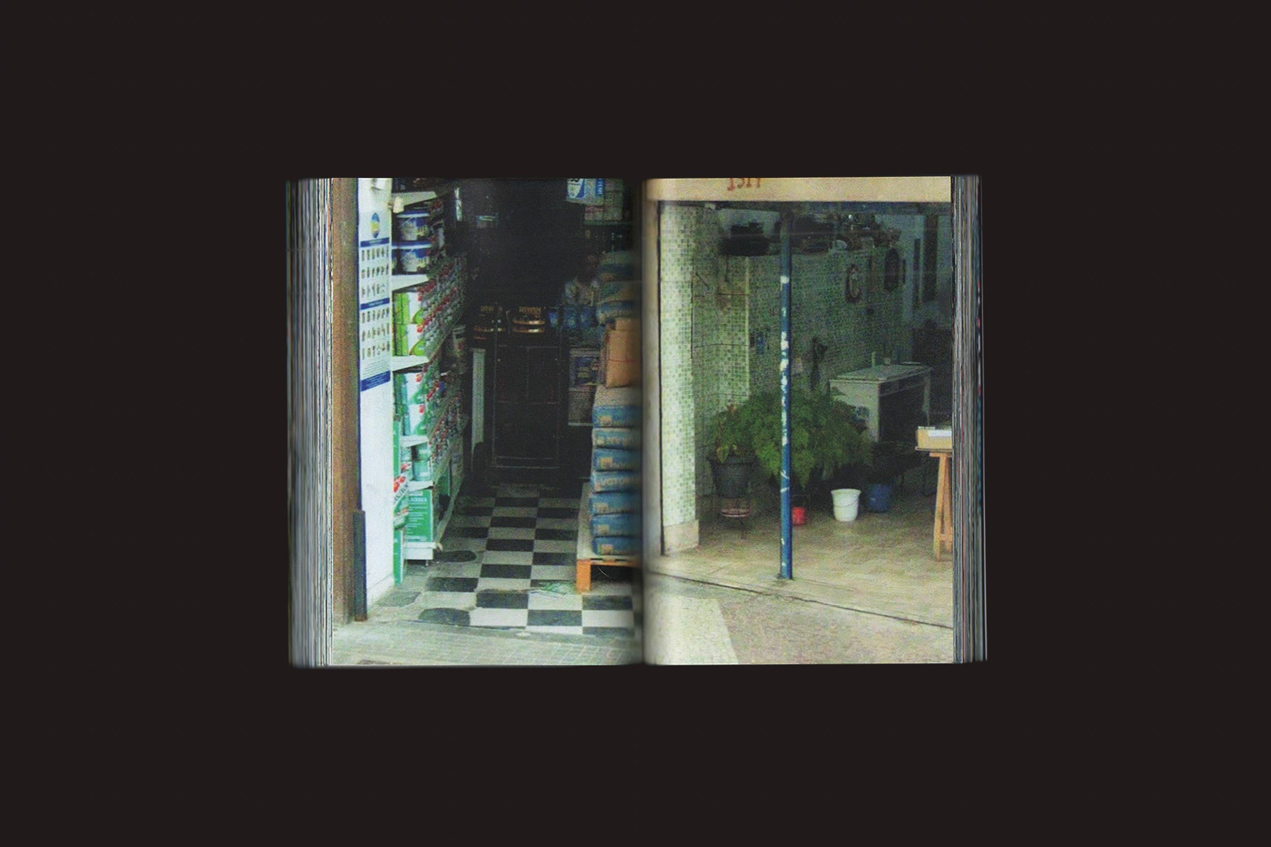 Um livro aberto de Romeu Silva: Passantes, da Zero-Edições, mostra duas fotos: à esquerda, uma entrada de loja pouco iluminada com piso xadrez em São Paulo; à direita, uma entrada de loja de metrópole com plantas e paredes de azulejos.