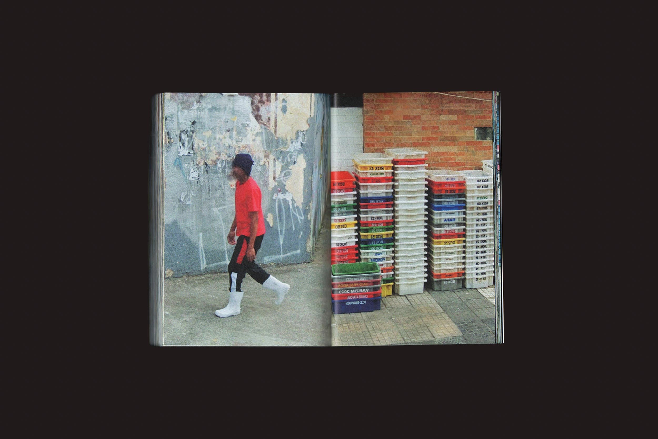 Um livro aberto, Romeu Silva: Passantes, da zero-Edições, mostra uma pessoa de camisa vermelha e botas brancas passando por uma parede desgastada na metrópole de São Paulo, e caixas plásticas coloridas empilhadas em uma parede de tijolos, evocando imagens do Google Street View.