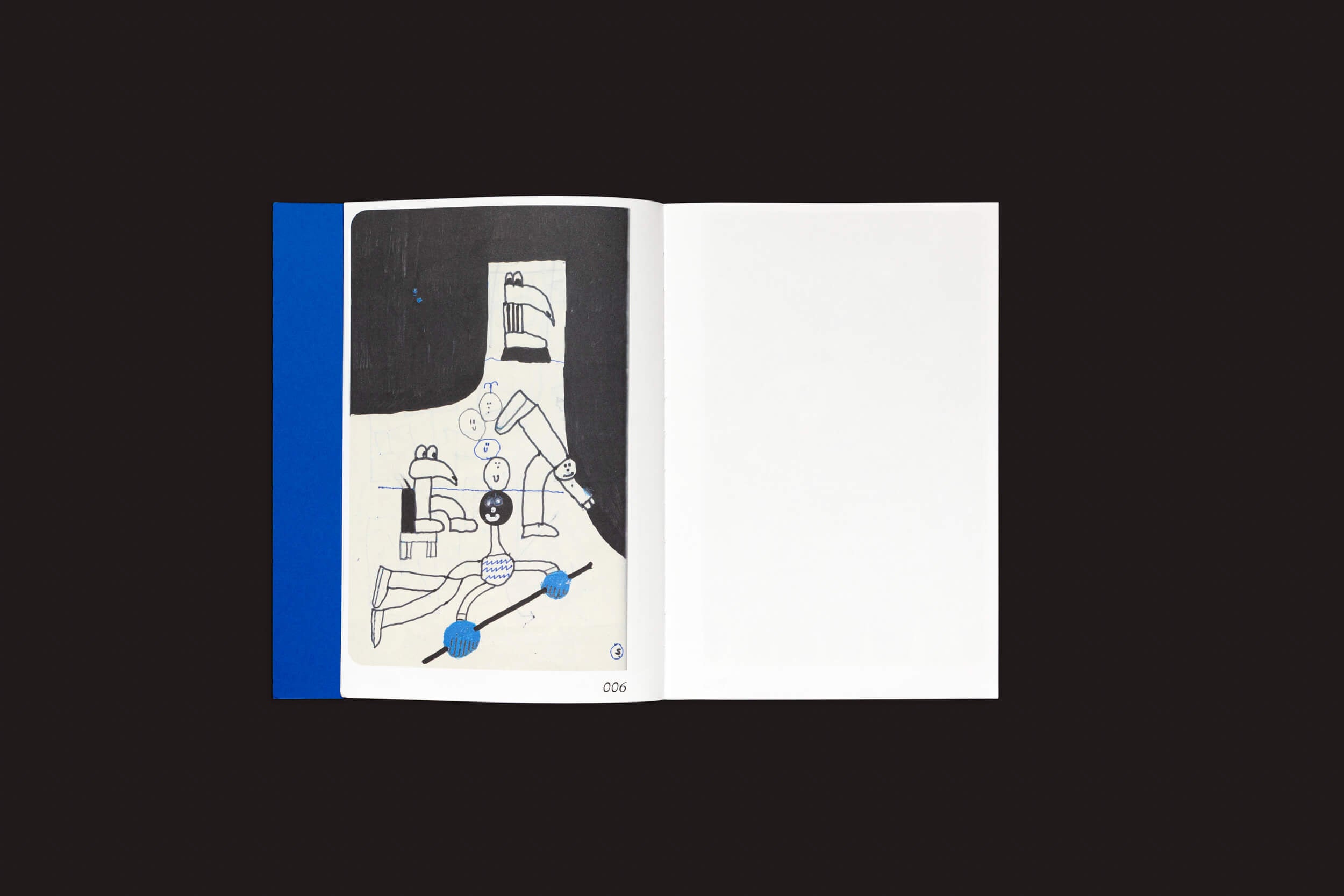 Um livro aberto com arte abstrata de Mark Bohle na página esquerda exibe formas geométricas em preto e azul sobre bege, com uma página direita em branco. A capa azul sugere influência de Pica Pica. As páginas exibem o número 006. Livro intitulado Mark Bohle: Pica Pica da marca Handshake.