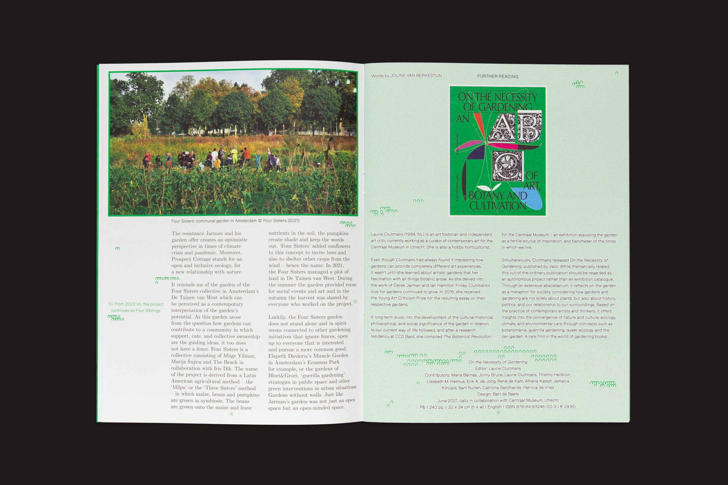Um livro aberto mostra uma foto de um grupo de campo à esquerda, enquanto a página direita inclui texto e um gráfico artístico verde intitulado Pleasant Place 1: Enclosures, combinando insights vegetais com belas inspirações de design de jardins do Pleasant Place.