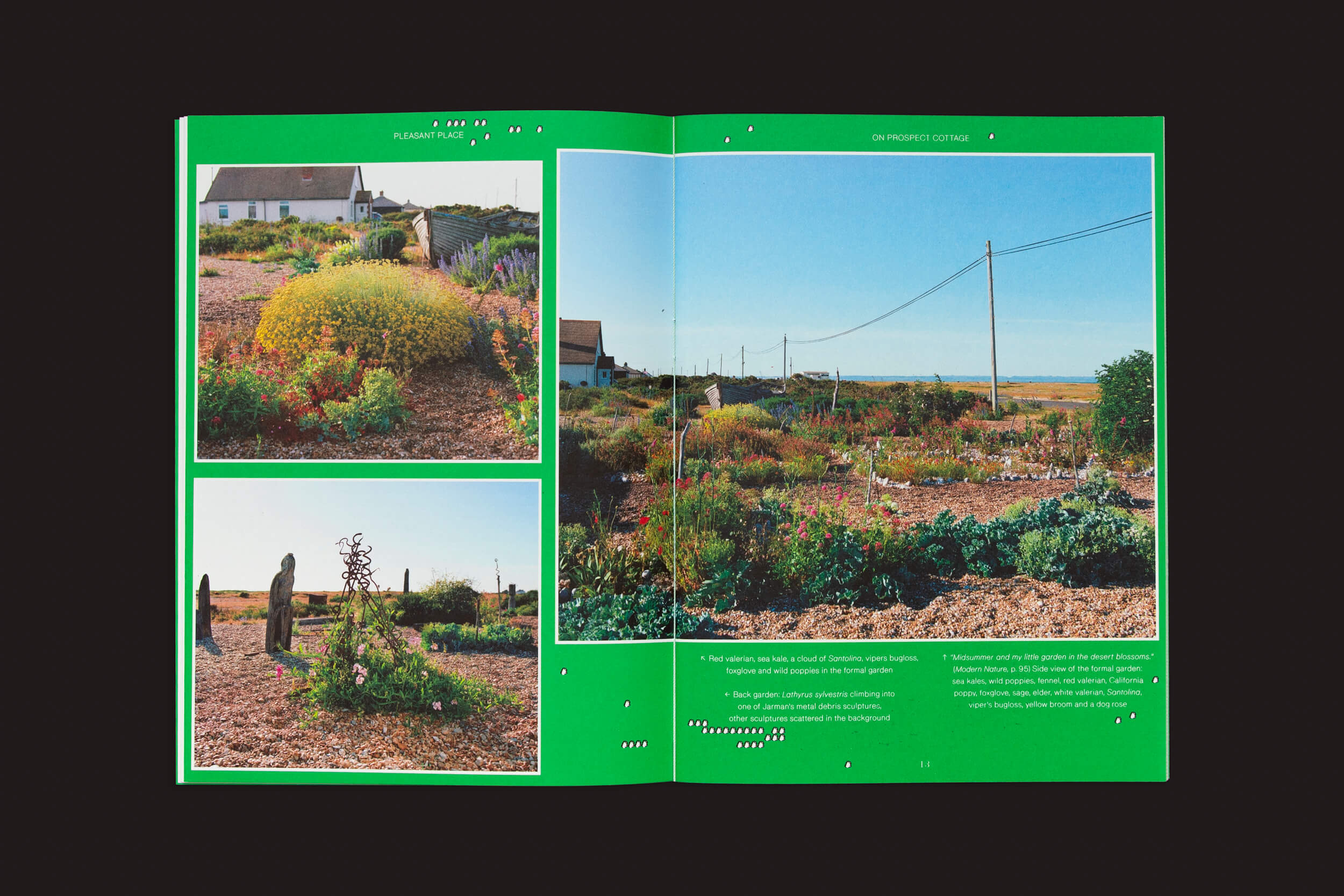 Uma edição aberta de Pleasant Place 1: Enclosures da Pleasant Place mostra um jardim rural com plantas e esculturas coloridas. A página da esquerda apresenta duas fotos menores de jardins, enquanto a da direita enfatiza design de jardins, tudo emoldurado por texto e uma borda verde.
