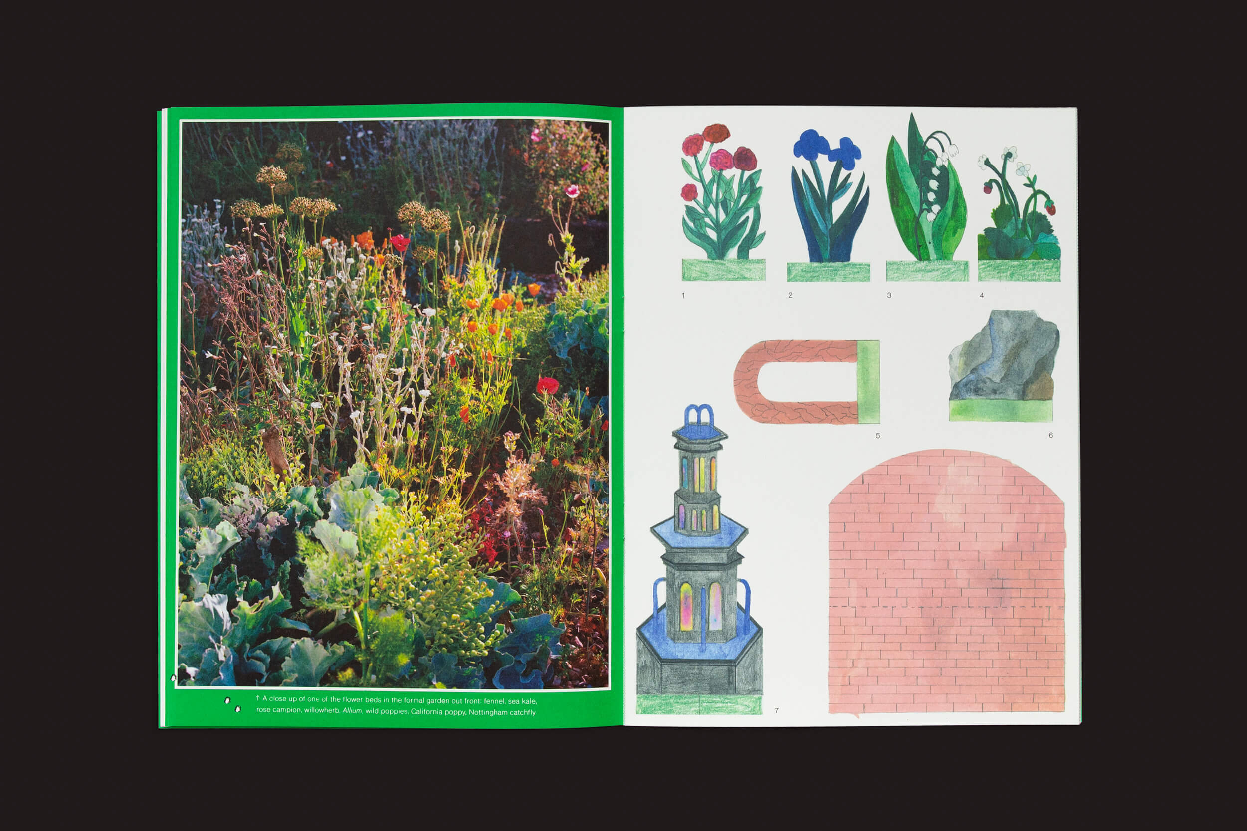 Um livro aberto em duas páginas de Pleasant Place 1: Enclosures de Pleasant Place, mostra uma foto colorida de um jardim exuberante à esquerda e ilustrações de seis objetos como flores, um ímã, uma pedra e um pagode à direita. Ideal para design de jardins e entusiastas de jardinagem.