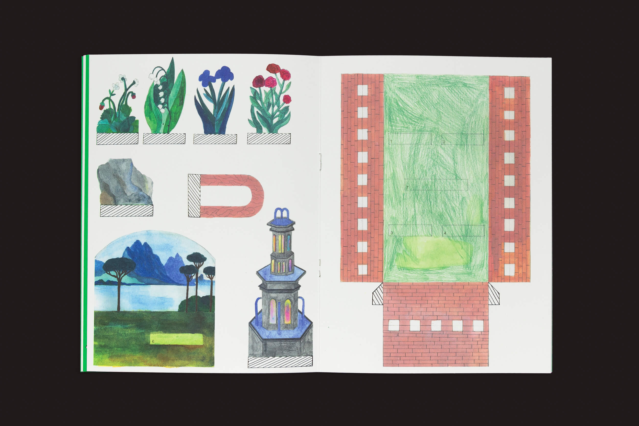 Um livro aberto intitulado Pleasant Place 1: Enclosures por Pleasant Place retrata ilustrações de plantas, uma pedra, um ímã, uma paisagem e um pagode na página da esquerda. A página da direita tem um retângulo gramado com padrões de tijolos semelhantes aos designs de layout de jardim apresentados em publicações de jardinagem.