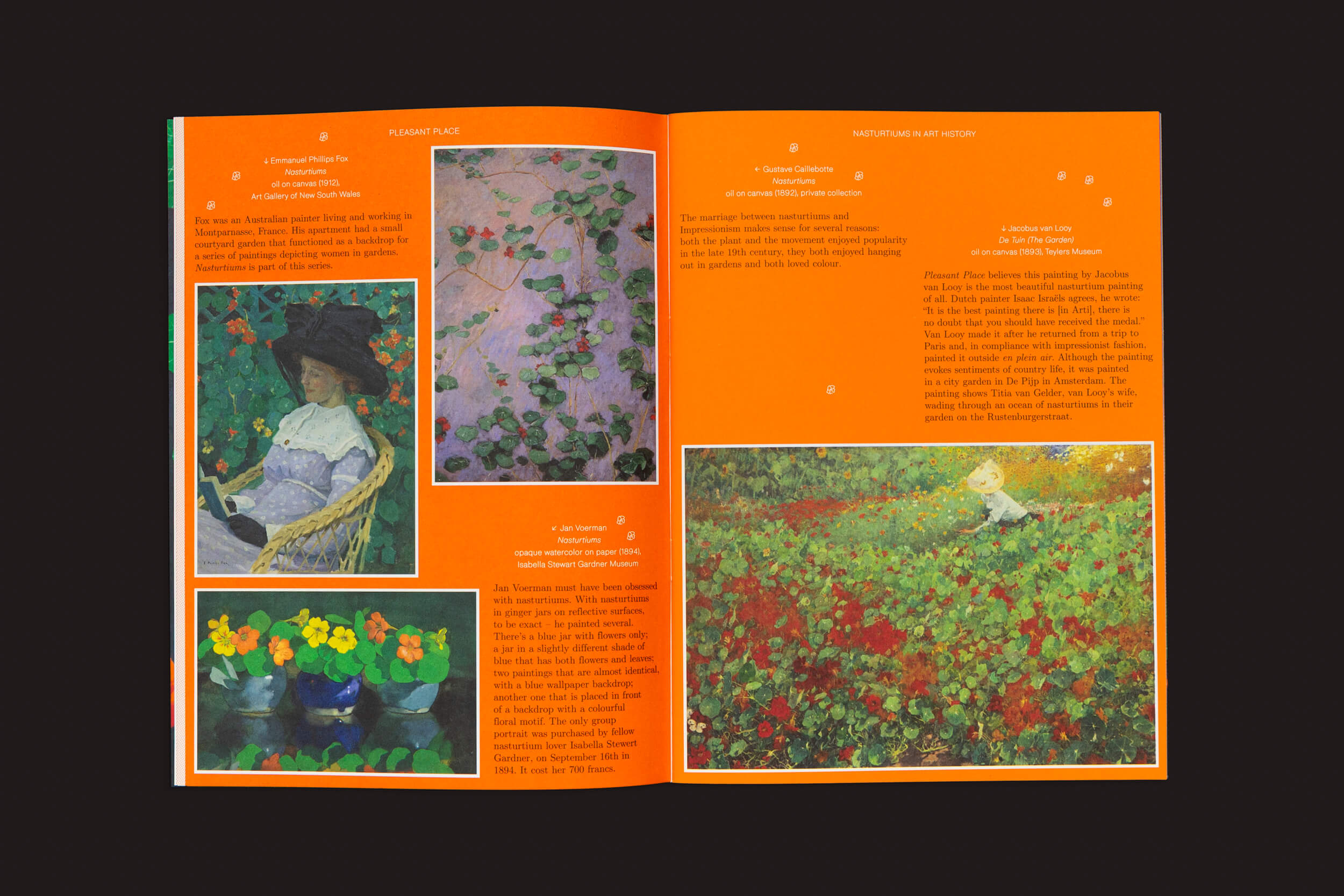 Um fundo laranja brilhante exibe pinturas impressionistas no livro aberto Pleasant Place 2: Nasturtiums (Tropaeolum Majus) de Pleasant Place, apresentando uma mulher em um jardim, cenas florais e vasos de flores. O texto sugere design de jardins e vegetal com capuchinha vibrante.