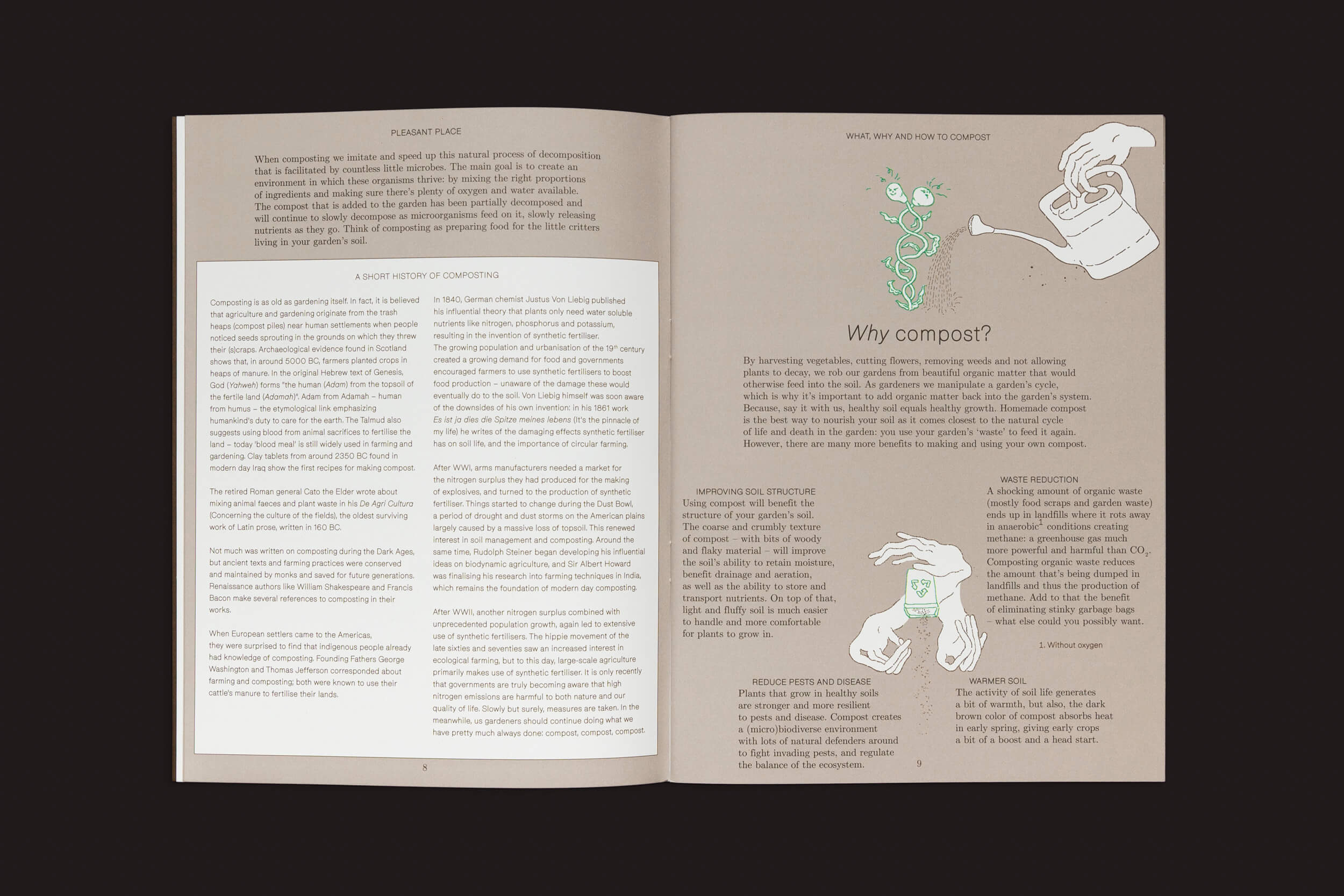 Um livro aberto intitulado Pleasant Place 3: Compost da Pleasant Place mostra uma seção sobre compostagem, com a página da esquerda detalhando a história da compostagem e a da direita mostrando os benefícios da compostagem, completa com ilustrações de minhocas e um regador ao lado de uma mão segurando uma planta.