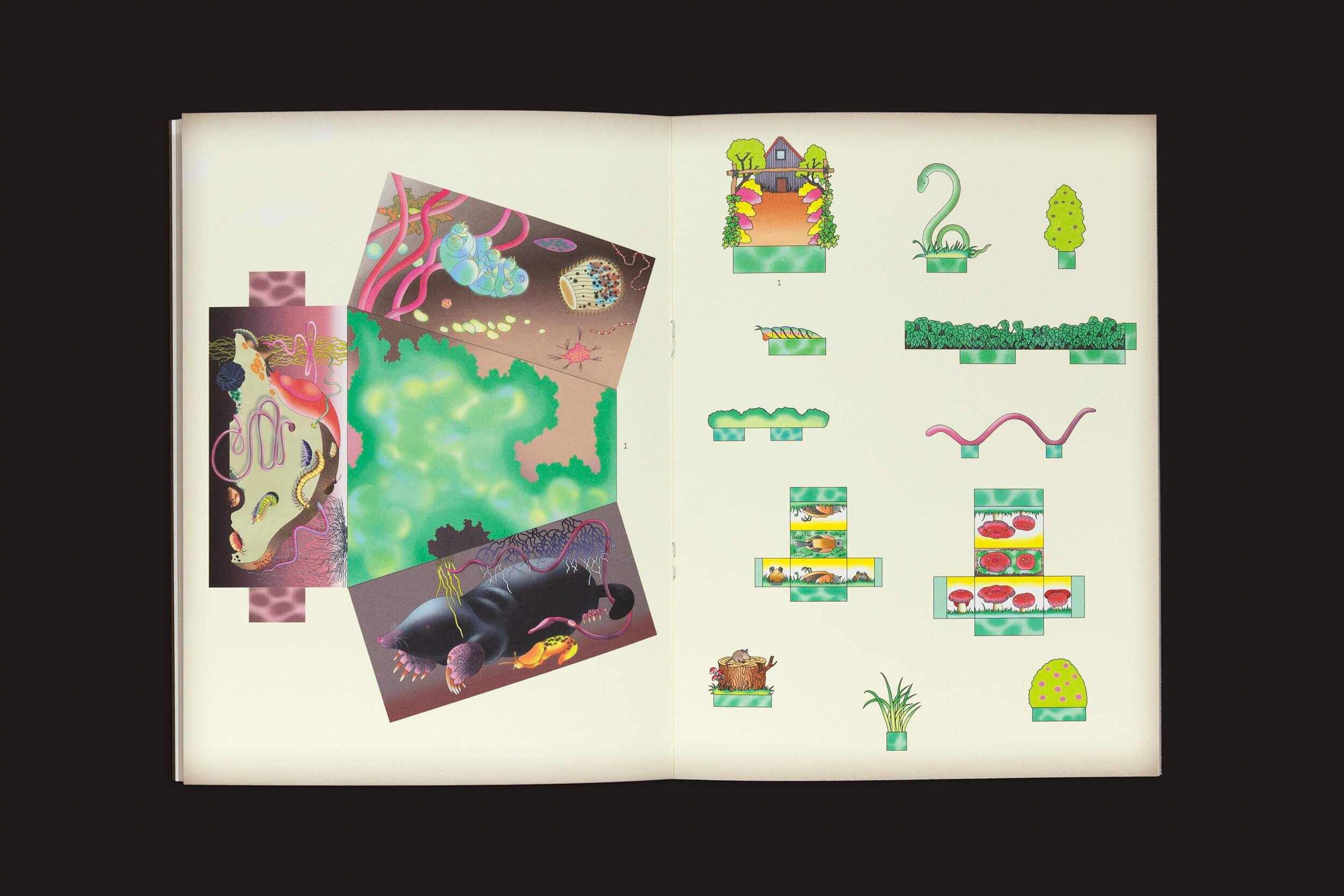 Abra Pleasant Place 3: Compost da Pleasant Place para ver ilustrações vibrantes. A página da esquerda exibe arte surreal misturando natureza e fantasia, enquanto a da direita mostra designs de vegetação intrincados com árvores, arbustos e cogumelos ao lado de minhocas contra um cenário simples.