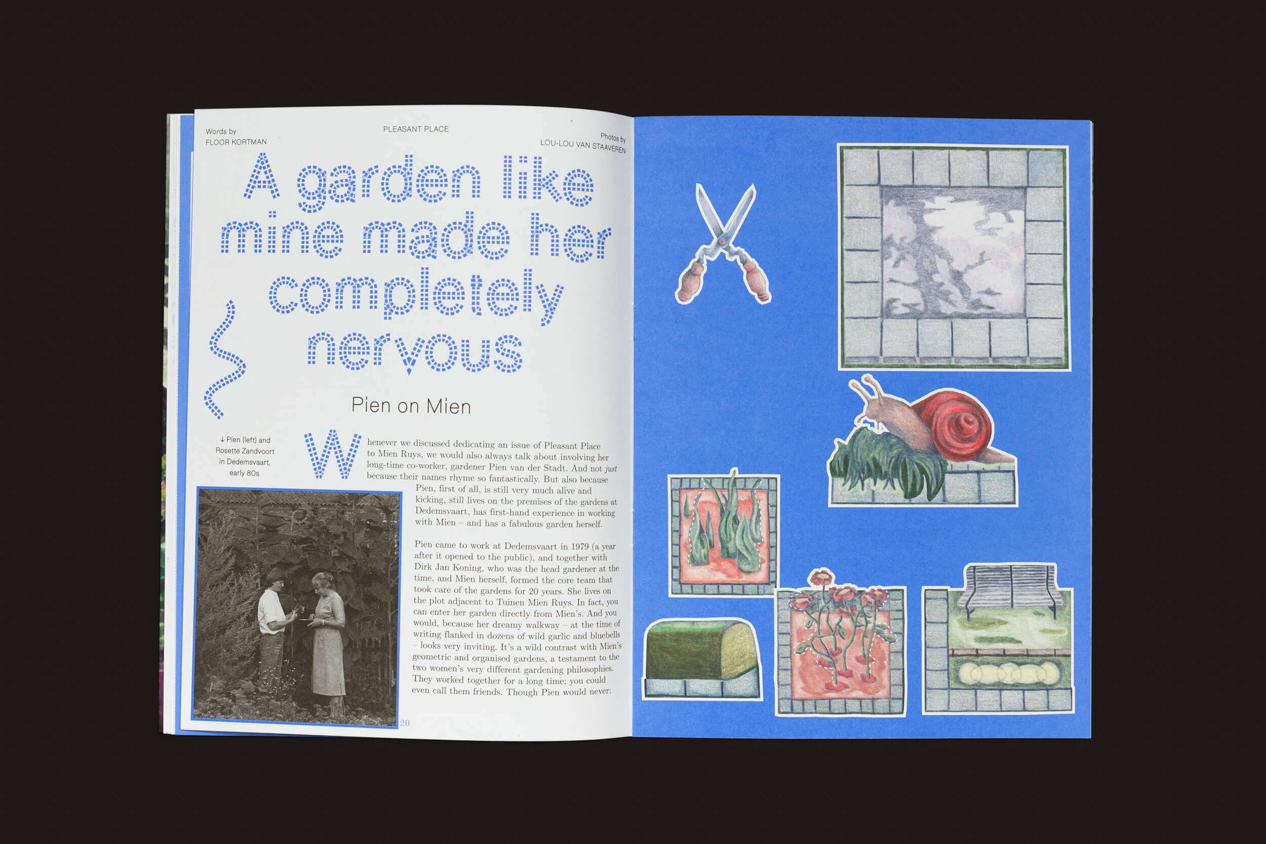 A página esquerda da revista apresenta uma imagem em preto e branco refletindo o Movimento das Novas Perenes, enquanto a direita exibe ilustrações vibrantes de ferramentas de jardim e plantas com um caracol em azulejos, capturando a essência de Pleasant Place 5: Mien Ruys de Pleasant Place.