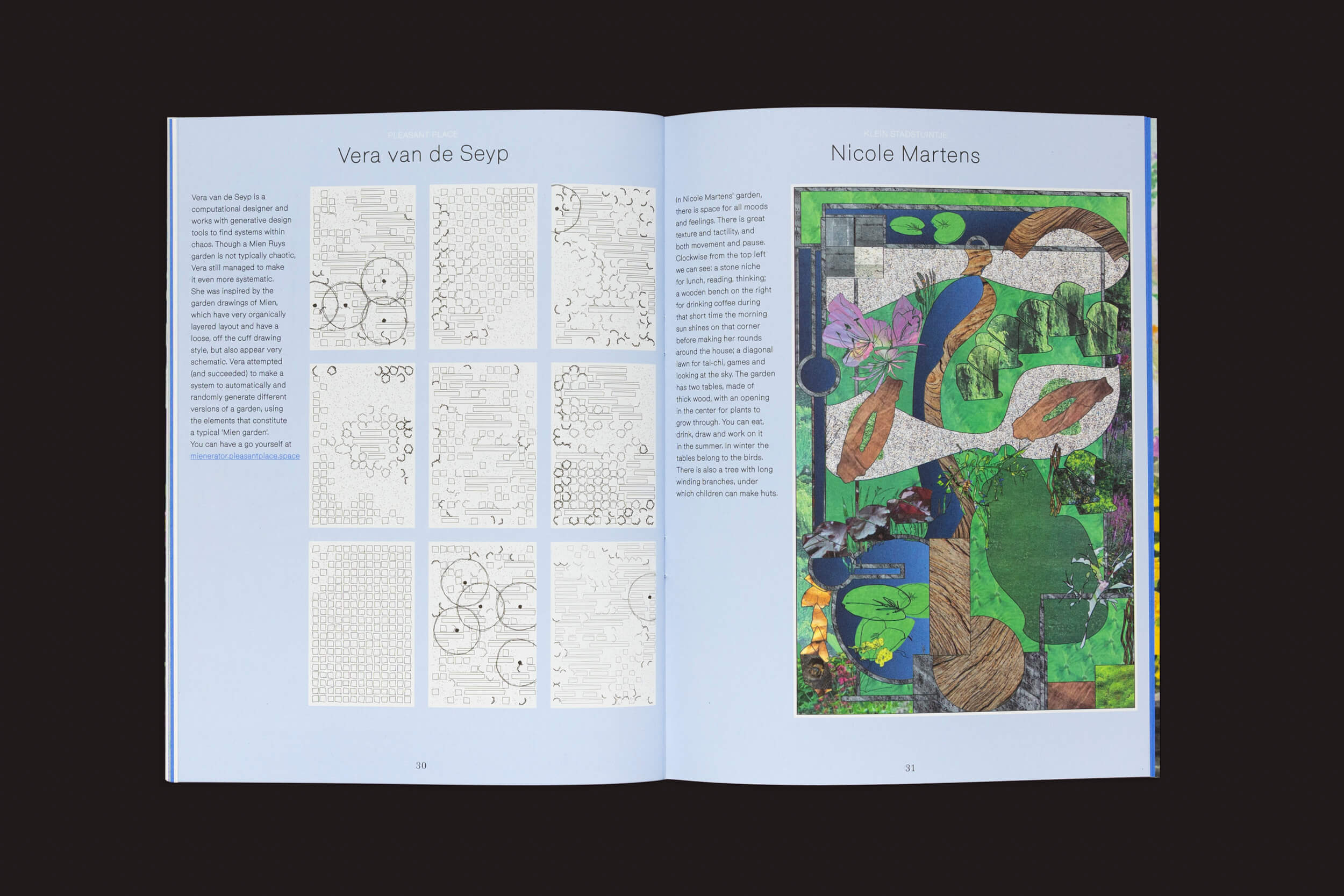 Um livro aberto revela arte em ambas as páginas. O lado esquerdo tem esboços intrincados com Vera van de Seyp acima, inspirados nos designs clássicos de Mien Ruys. O lado direito exibe uma peça colorida e abstrata inspirada na natureza por Nicole Martens, refletindo o ethos do Movimiento das Novas Perenes. Disponível em Pleasant Place 5: Mien Ruys por Pleasant Place.