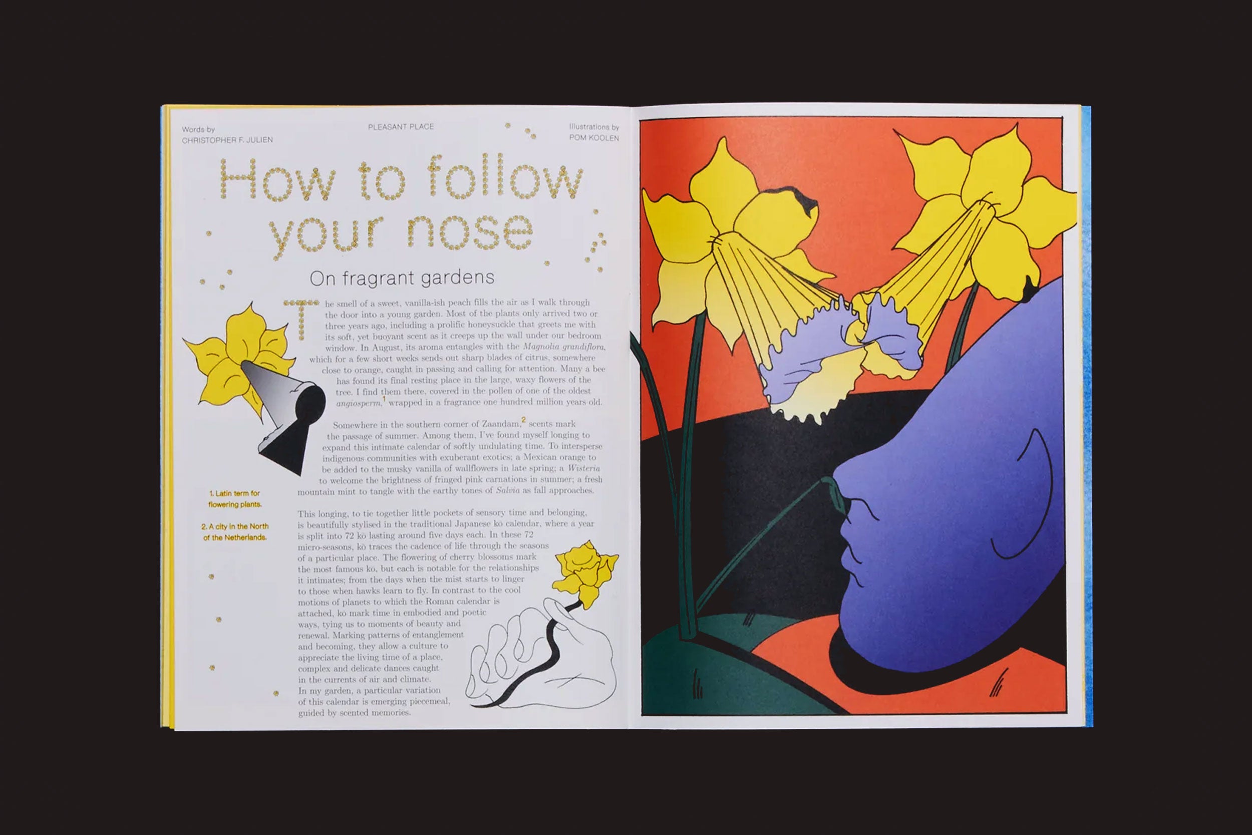Uma página de revista em Pleasant Place 7: Daffodils (Narcissus), da Pleasant Place, apresenta texto e um rosto azul abstrato cheirando narcisos amarelos, seu simbolismo de esperança em um impressionante pano de fundo vermelho e preto.