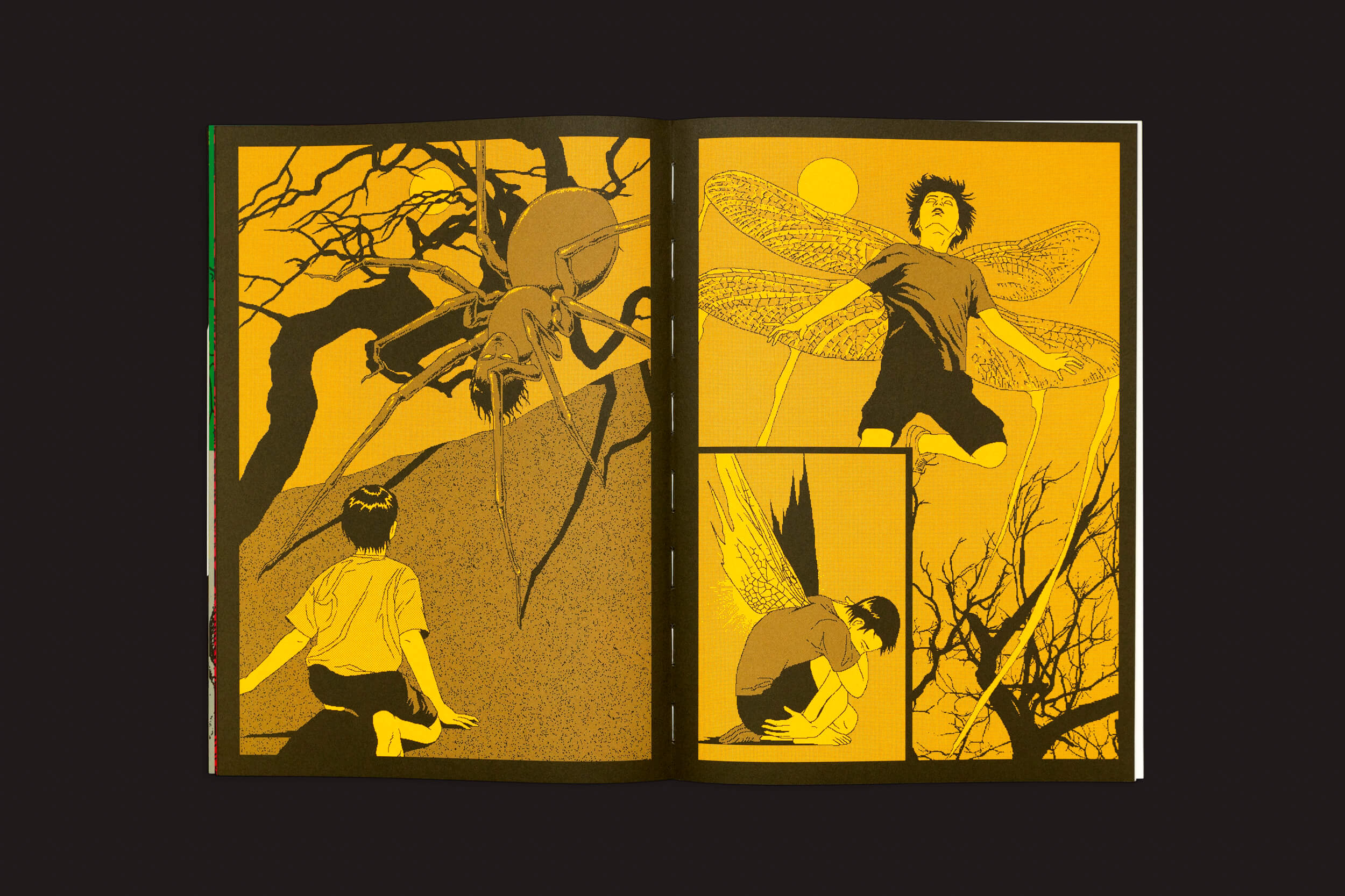 Páginas de histórias em quadrinhos no estilo Lagon Revue mostram uma cena surreal: um grande inseto se aproxima de alguém em uma pedra à esquerda, enquanto outro voa sob uma lua cheia à direita, com um detalhe dele agachado. Árvores nuas ao fundo lembram Lagon #7: Pluie.