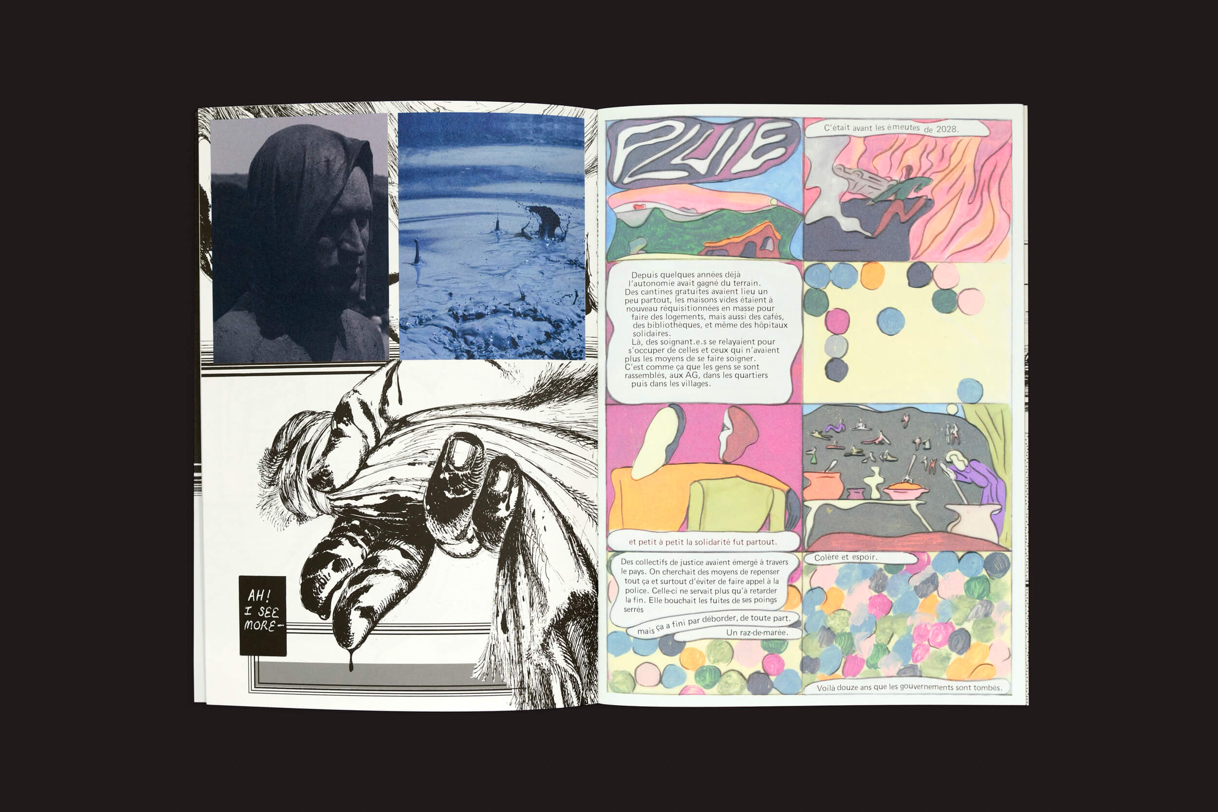 Revista em quadrinhos aberta exibindo duas páginas. A página da esquerda mostra imagens monocromáticas e arte abstrata como um rosto e um olho escorrendo. A da direita tem painéis coloridos com formas abstratas e balões de texto, no estilo da Lagon Revue — convidando os leitores para Lagon #7: Pluie e suas intrigantes narrativas gráficas.