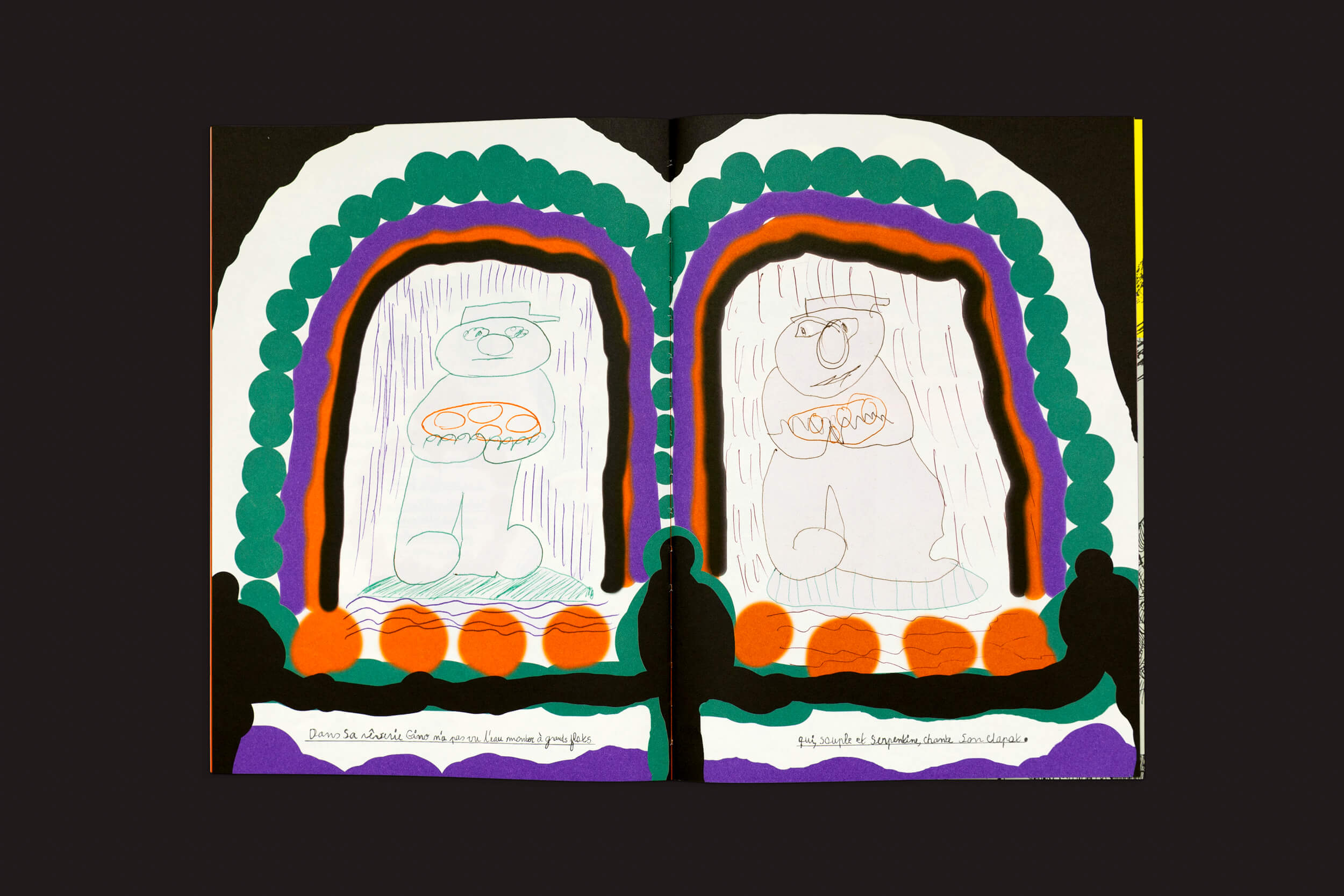 Ilustração de dois desenhos de ursos emoldurados com designs exclusivos e bordas recortadas em verde, roxo e laranja em um fundo escuro. As molduras imitam o estilo narrativo da Lagon Revue visto em Lagon #7: Pluie, apresentando texto manuscrito abaixo de cada desenho.