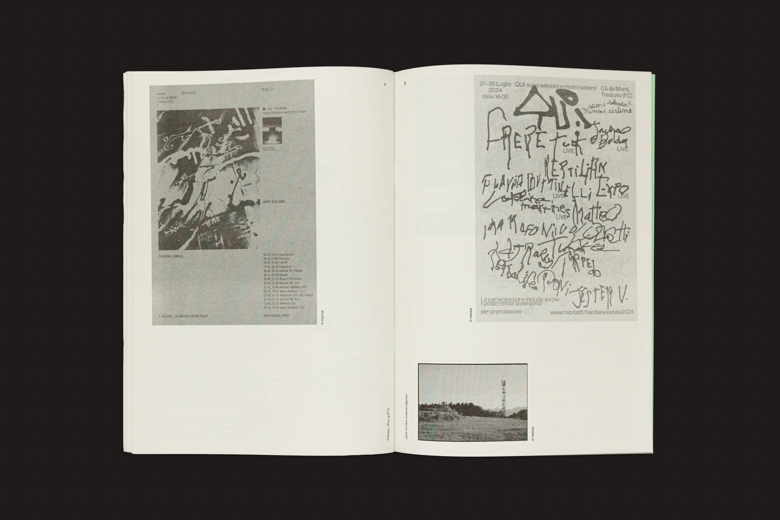 Um livro aberto da Handshake, intitulado "¿Qué moldea nuestras páginas?: Vários artistas," apresenta designs abstratos com um padrão escuro na página esquerda e uma mistura caótica de letras e símbolos na direita. Uma pequena foto de paisagem, refletindo práticas editoriais, fica na parte inferior.