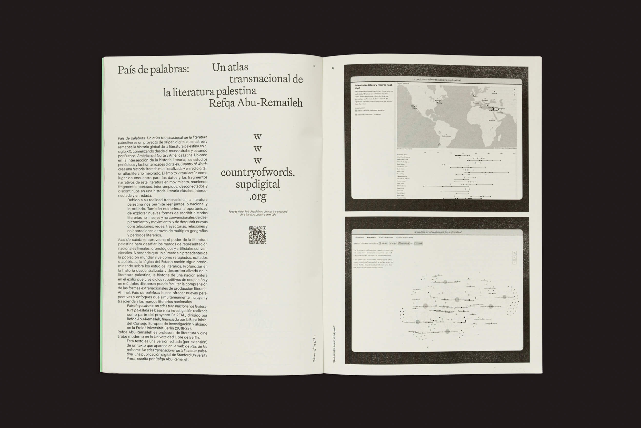 Livro aberto mostrando texto e mapa na página esquerda, intitulado "¿Qué molda nuestras páginas?: Vários artistas" de Handshake. A página da direita apresenta dois mapas horizontais destacando o território e vários pontos de dados relacionados à identidade compartilhada.
