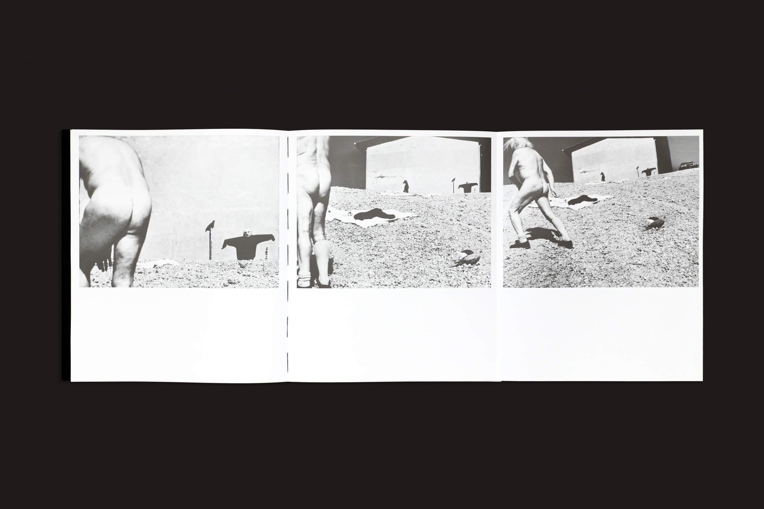 O livro "Mario Giacomelli: Questo ricordo lo vorrei raccontare", de Skinnerboox, apresenta fotos em preto e branco em páginas escuras, mostrando cenas minimalistas sequenciais de uma pessoa caminhando sobre cascalho, perto de estruturas de blocos. Essas imagens evocam a fotografia artística com o estilo distinto de contraste e sombra de Giacomelli.