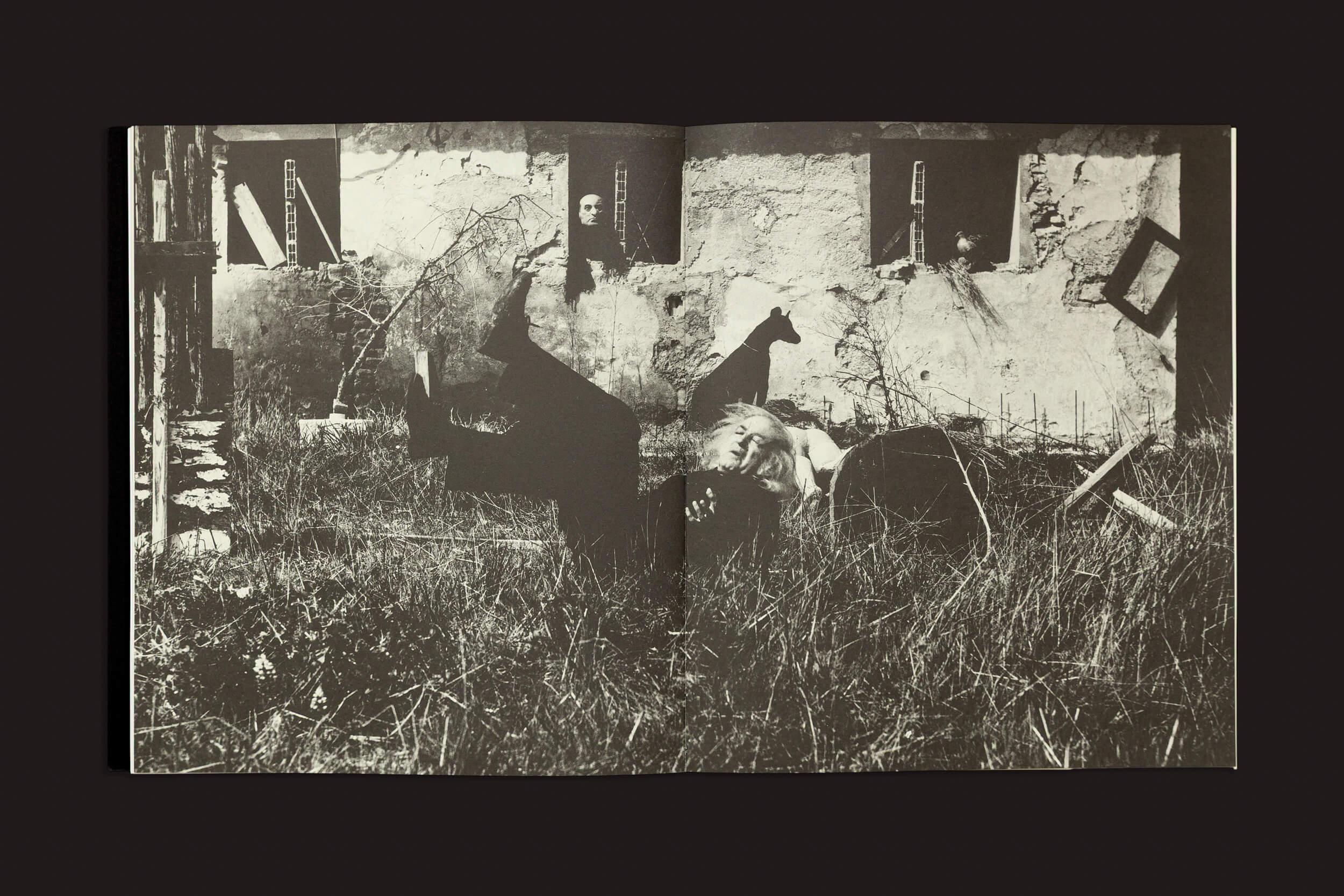 Uma foto, evocando Mario Giacomelli: Questo ricordo lo vorrei raccontare, de Skinnerboox, mostra um livro aberto representando um prédio abandonado com janelas estilhaçadas. Duas figuras jazem na grama alta à sua frente, uma delas parcialmente de cabeça para baixo — criando uma composição sinistra e artística.