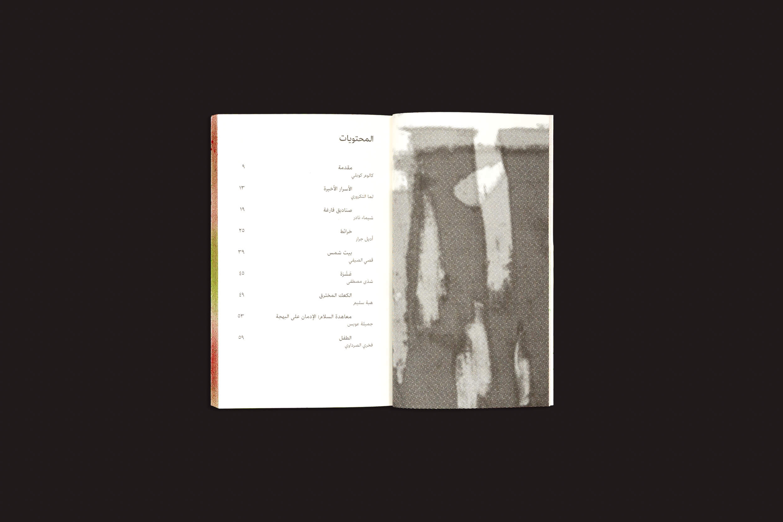 Livro aberto com um sumário em árabe à esquerda, refletindo "Reworlding Ramallah - Short Science Fiction Stories from Palestine", de Onomatopee. A página da direita apresenta um resumo em tons de cinza com formas verticais, realçado por um misterioso fundo preto.