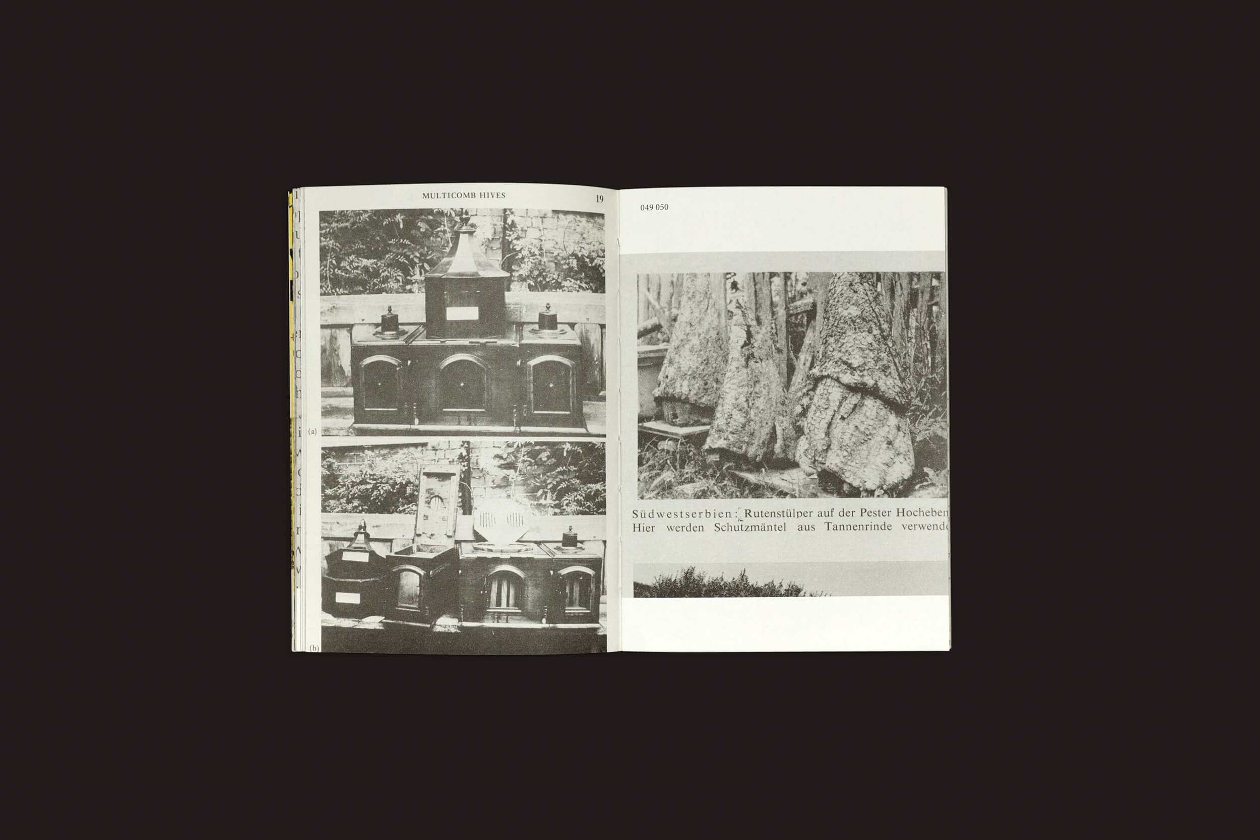 O livro aberto Aladin Borioli: Hives, da RVB Books, apresenta fotos em preto e branco; a página da esquerda exibe estruturas de pedra que lembram mausoléus, enquanto a da direita mostra uma grande tapeçaria estampada como uma colmeia moderna, com texto visível, mas pouco claro.