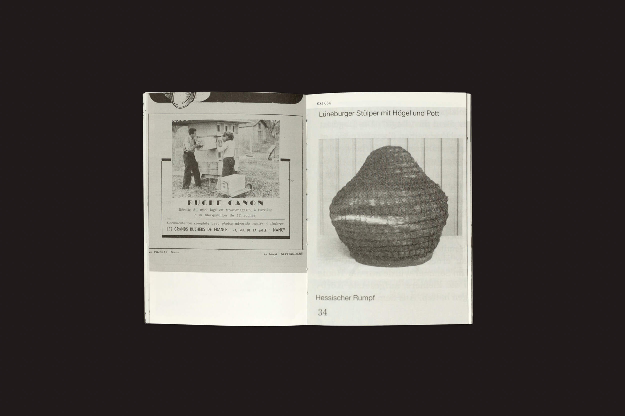 Uma página dupla em preto e branco de Aladin Borioli: Hives, da RVB Books, apresenta um homem criando uma estrutura que simboliza a inovação nas colmeias à esquerda, com um grande objeto trançado à direita, apresentando o texto Lüneburger Sulper mit Hügel und Pütt e Hessischer Rumpf.